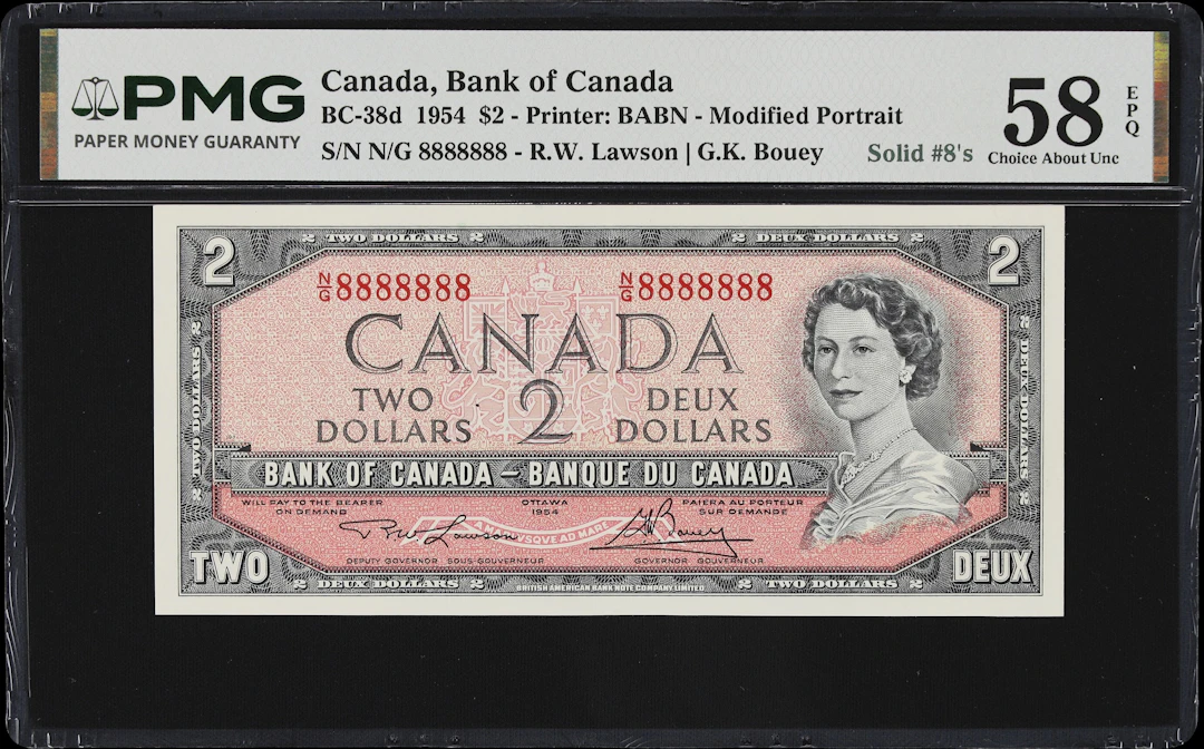 CANADA--FANCY SERIAL NUMBERS. Bank of Canada. 2 Dollars, 1954. BC-38d.