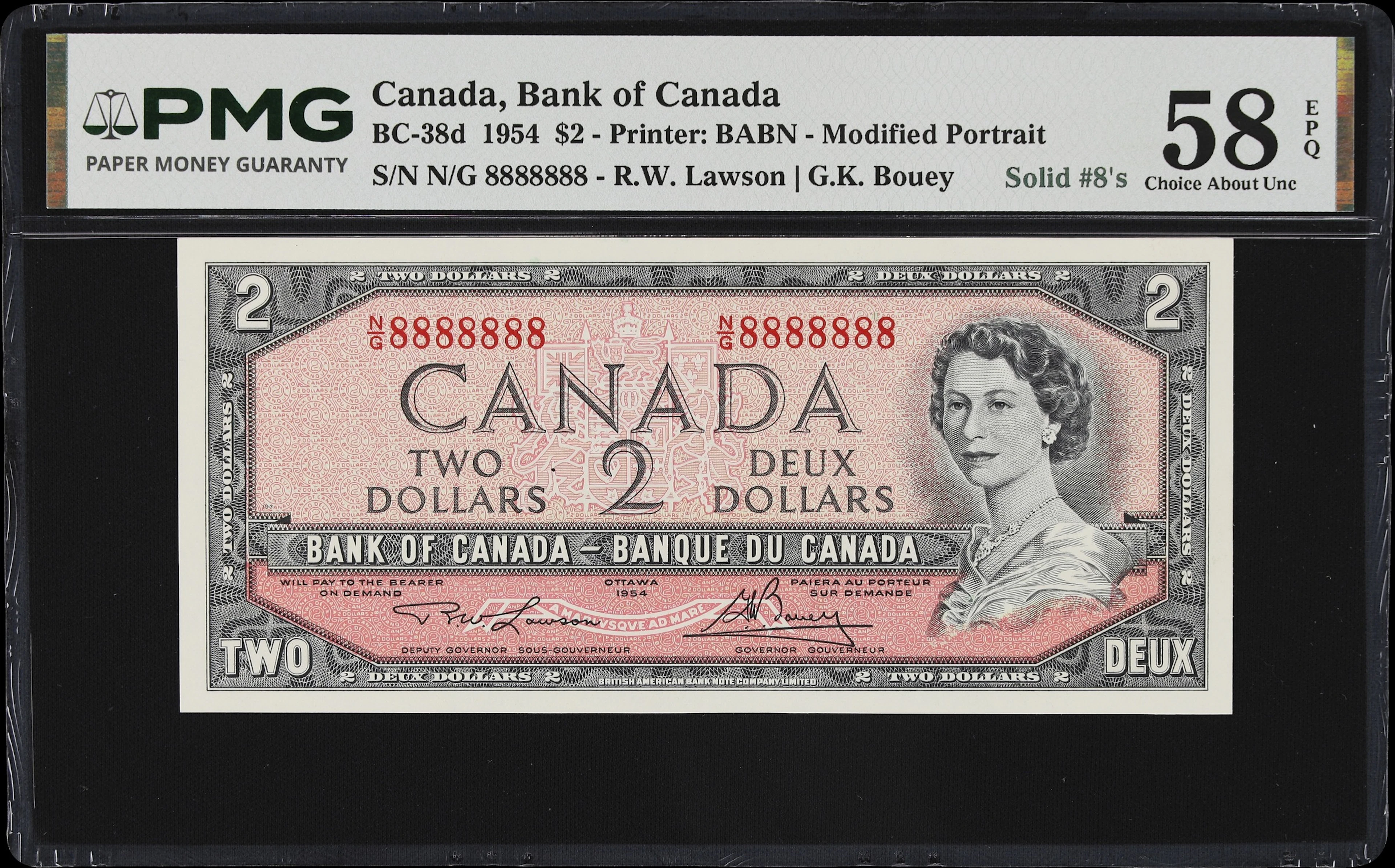 CANADA--FANCY SERIAL NUMBERS. Bank of Canada. 2 Dollars, 1954. BC-38d.