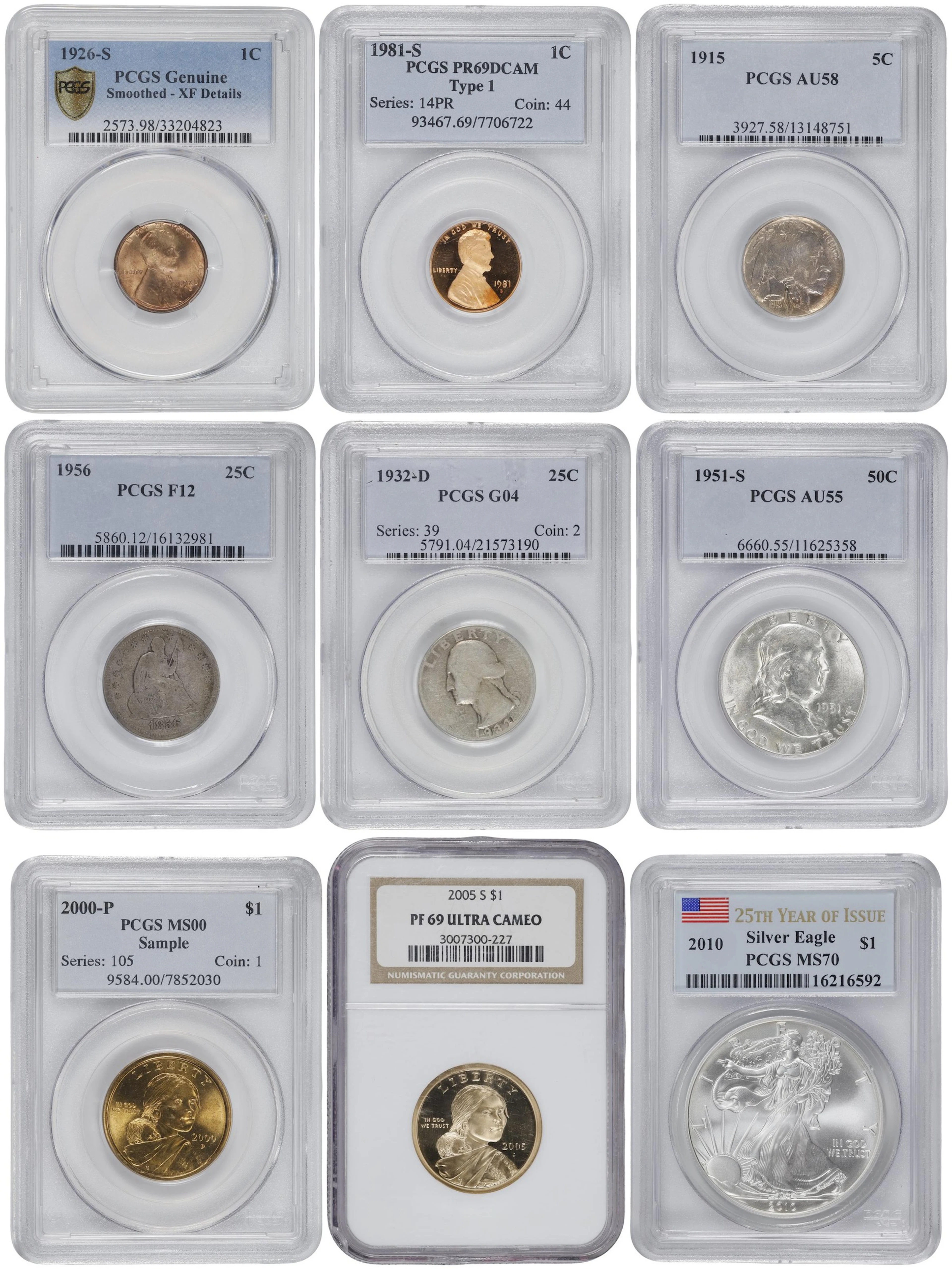 Lot of (9) Certified Mixed Type U.S. Coins.