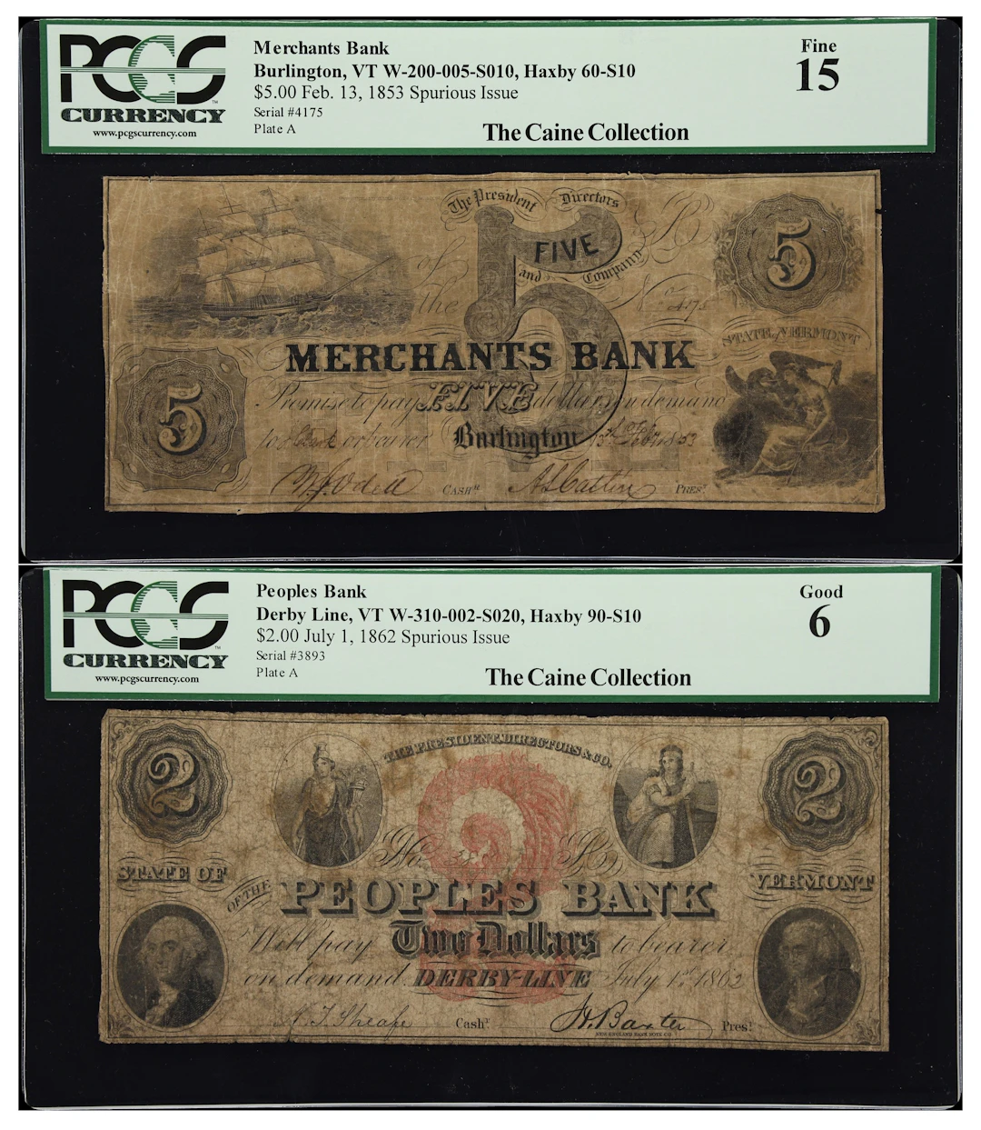 Lot of (2) Burlington & Derby Line, Vermont. Merchants Bank & Peoples