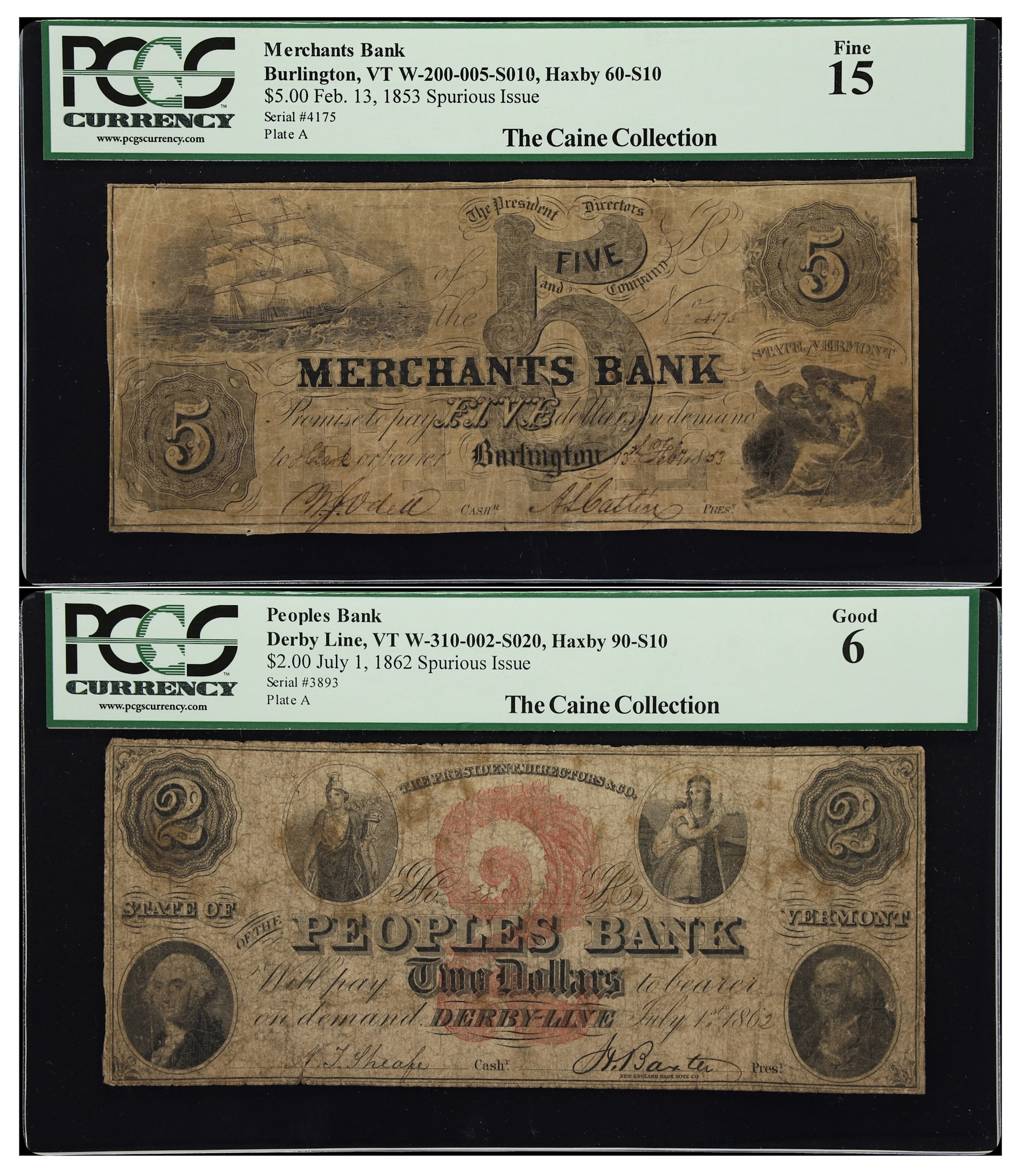 Lot of (2) Burlington & Derby Line, Vermont. Merchants Bank & Peoples