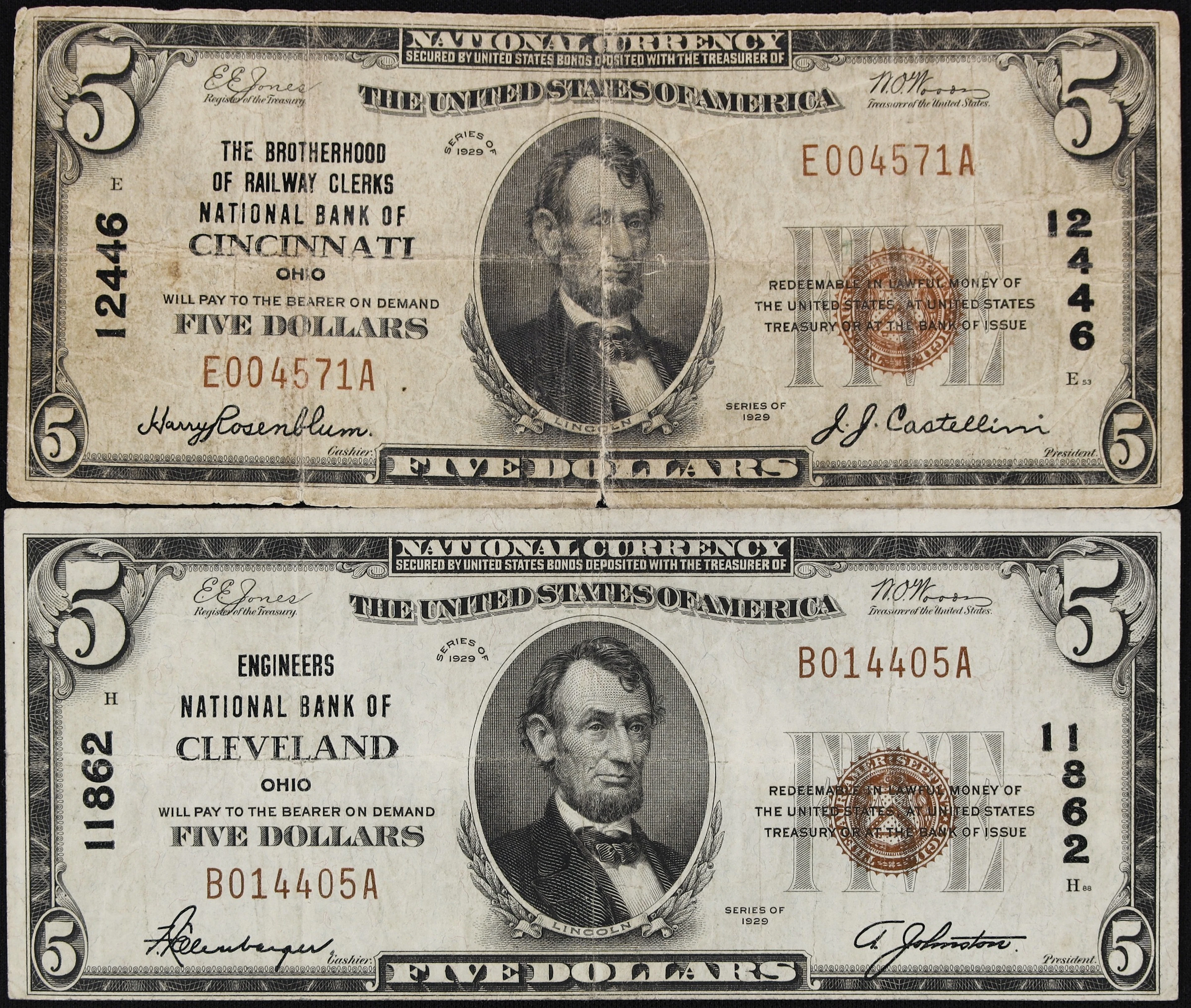 Lot of (2) Cincinnati & Cleveland, Ohio. $5 1929 Ty. 1. Fr. 1800-1.