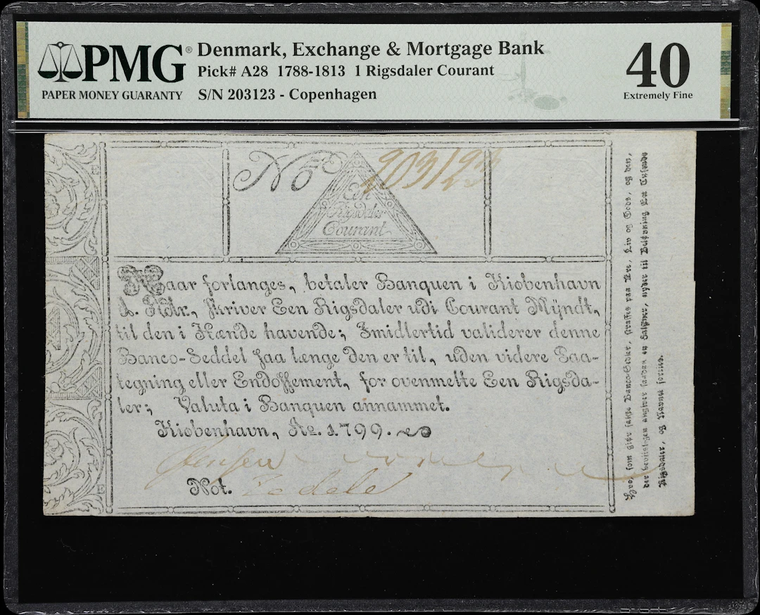 (◊) DENMARK. Exchange & Mortgage Bank. 1 Rigsdaler Courant, 1799.