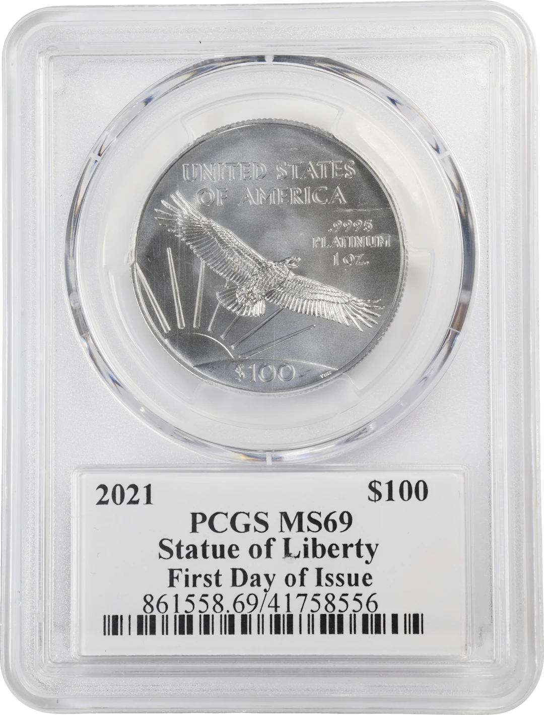 (1 oz, 31.104 g APtW). 2021 American Platinum Eagle $100. MS-69 (PCGS).