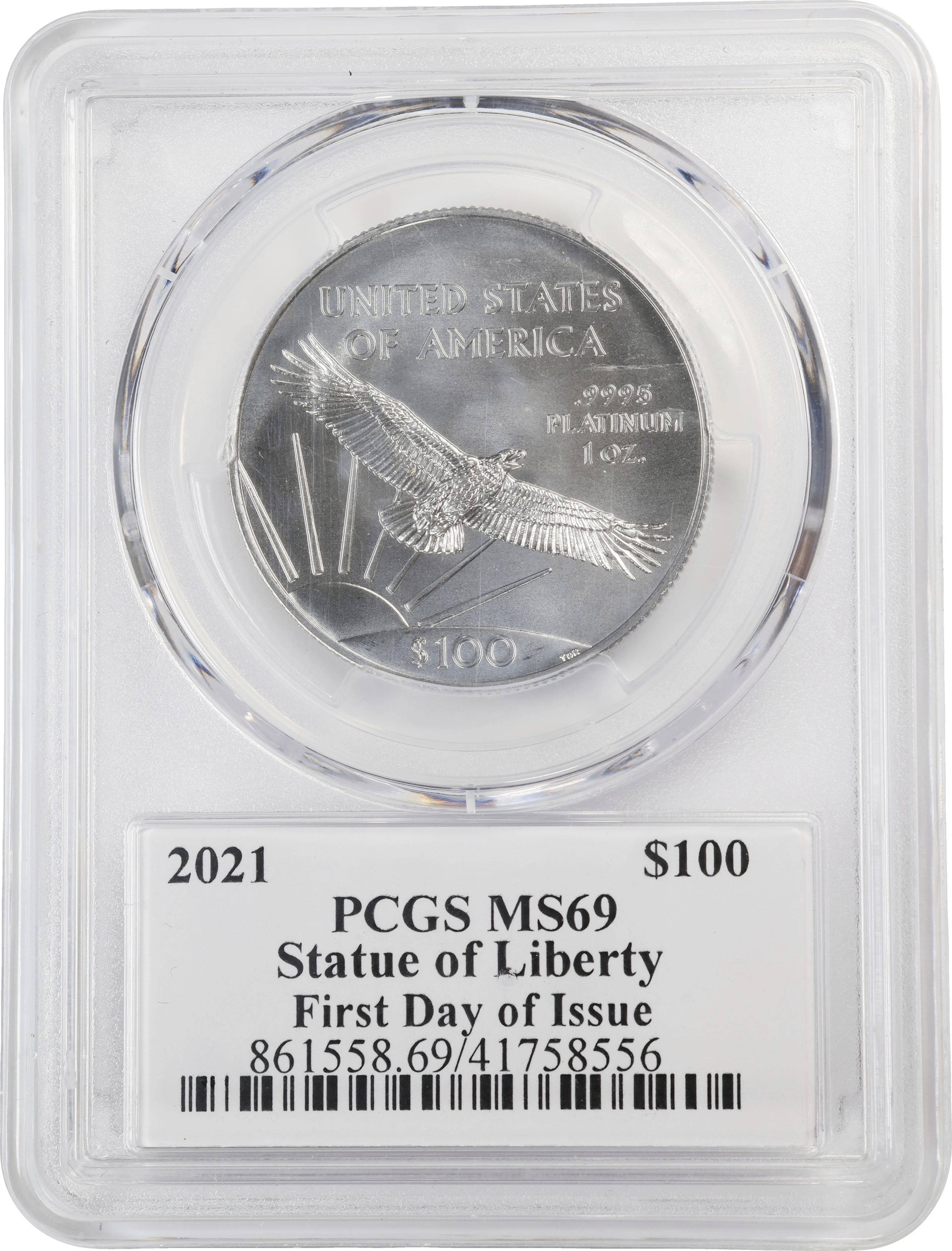 (1 oz, 31.104 g APtW). 2021 American Platinum Eagle $100. MS-69 (PCGS).