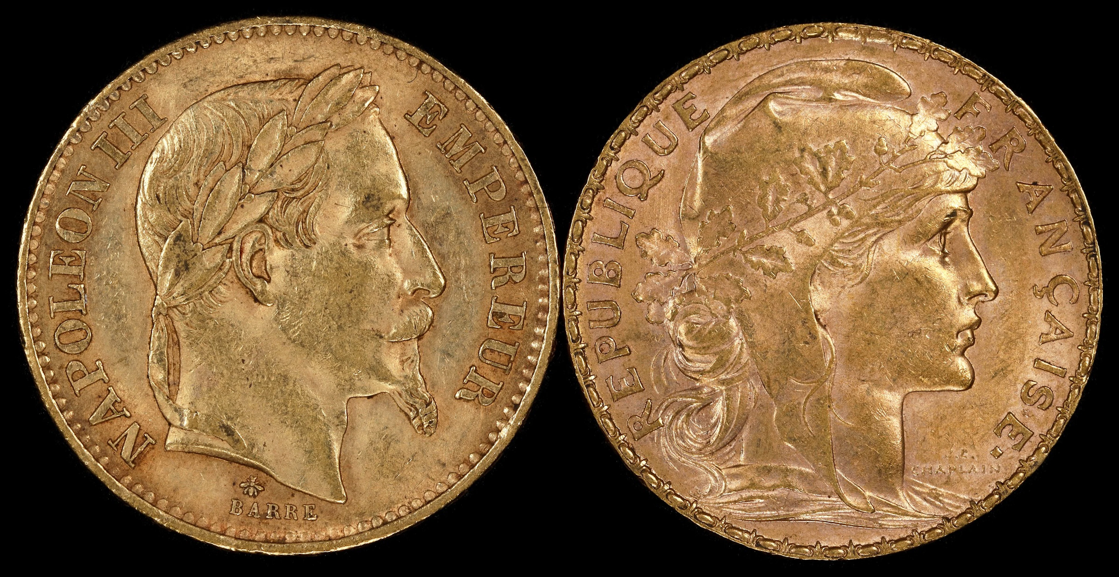 (0.374 oz, 11.633 g AGW). France. Lot of (2) Mixed Date Gold 20 Francs.
