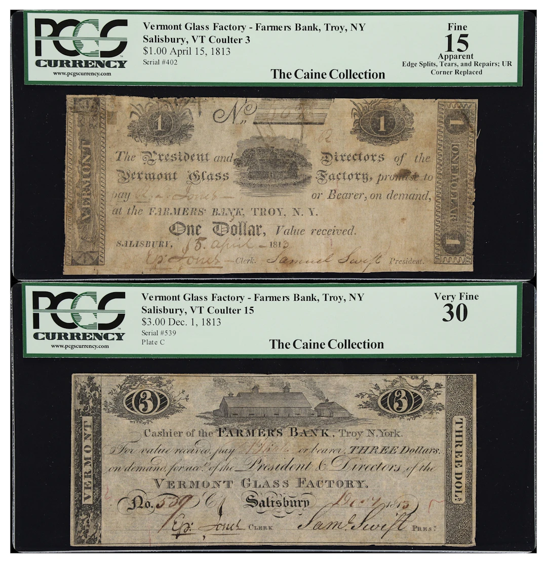 Lot of (2) Salisbury, Vermont. Vermont Glass Factory. 1813 $1 & $3.