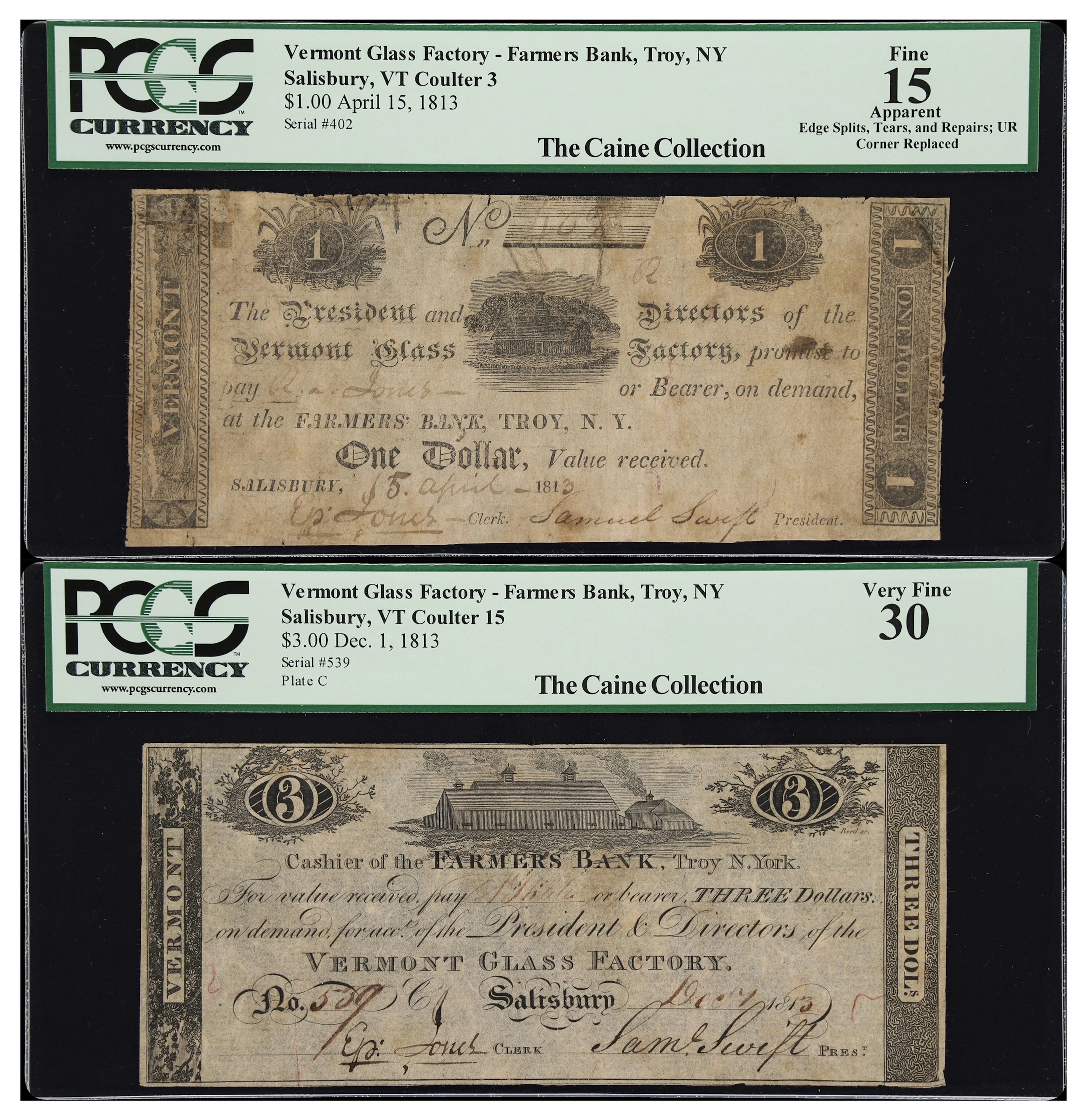 Lot of (2) Salisbury, Vermont. Vermont Glass Factory. 1813 $1 & $3.