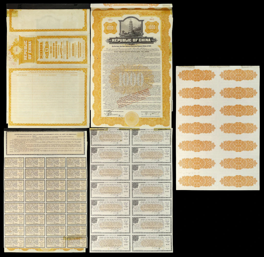 CHINA--REPUBLIC. Republic of China 1919 6% Two-Year Secured Gold Loan