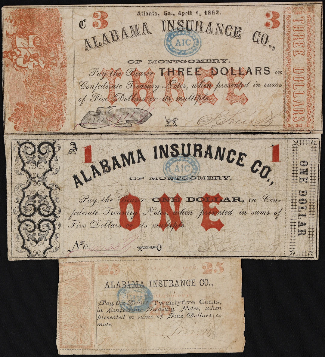 Lot of (3) Atlanta & Montgomery, Alabama & Georgia. Alabama Insurance