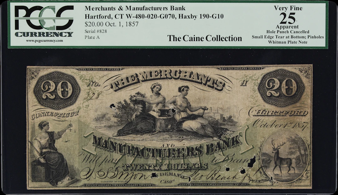 Hartford, Connecticut. Merchants & Manufacturers Bank. 1857 $20. PCGS