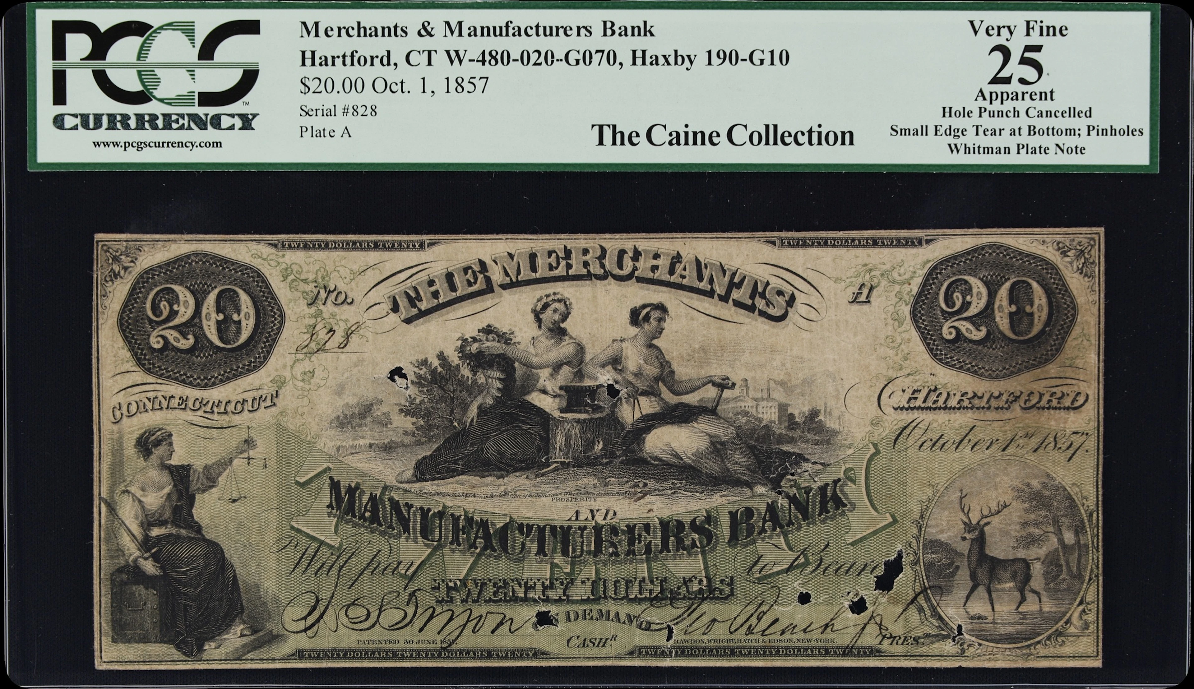 Hartford, Connecticut. Merchants & Manufacturers Bank. 1857 $20. PCGS
