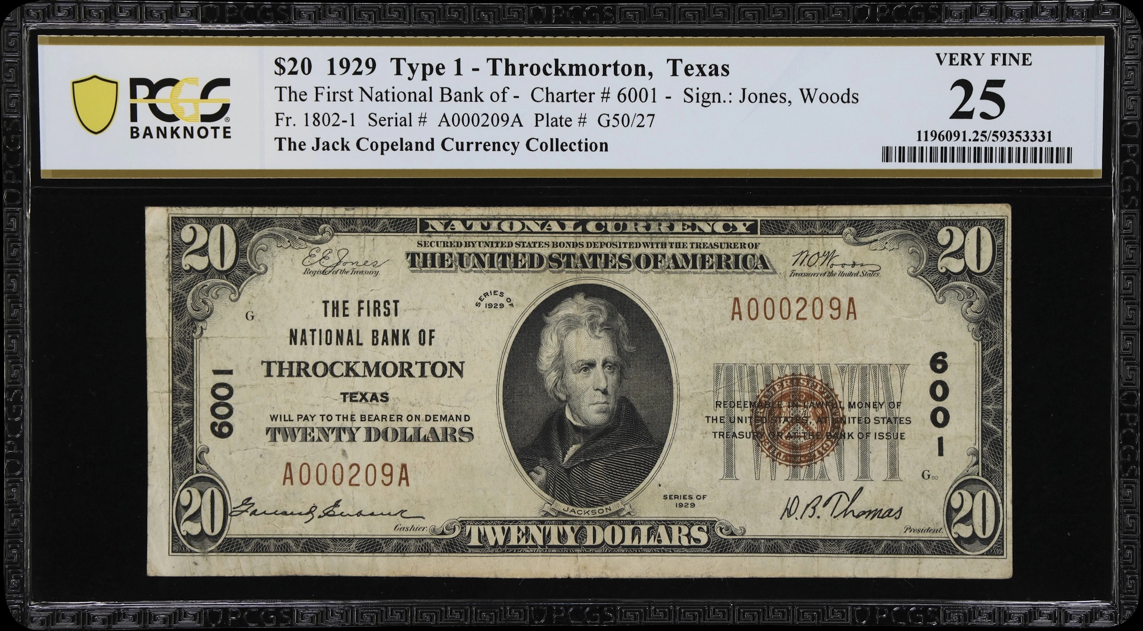 Throckmorton, Texas. $20 1929 Ty. 1. Fr. 1802-1. First NB. Charter