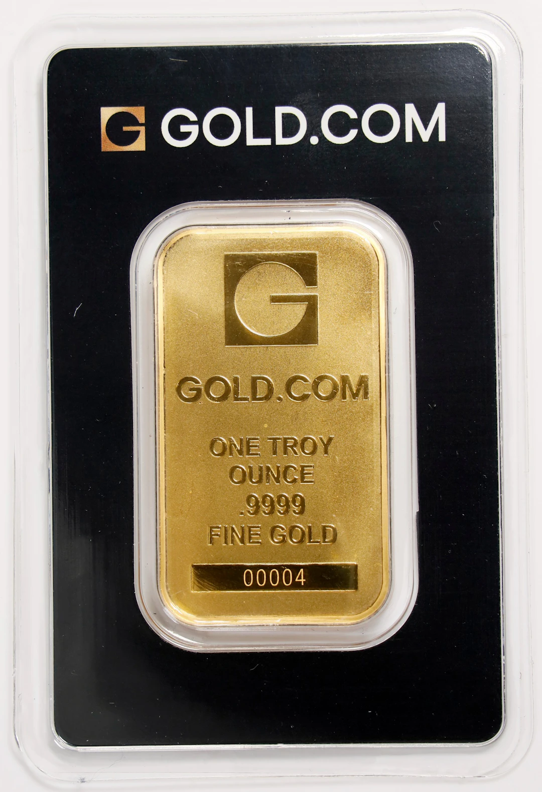(1 oz, 31.104 g AGW). GOLD.COM 1 oz Gold Bar. Serial Number 00004.