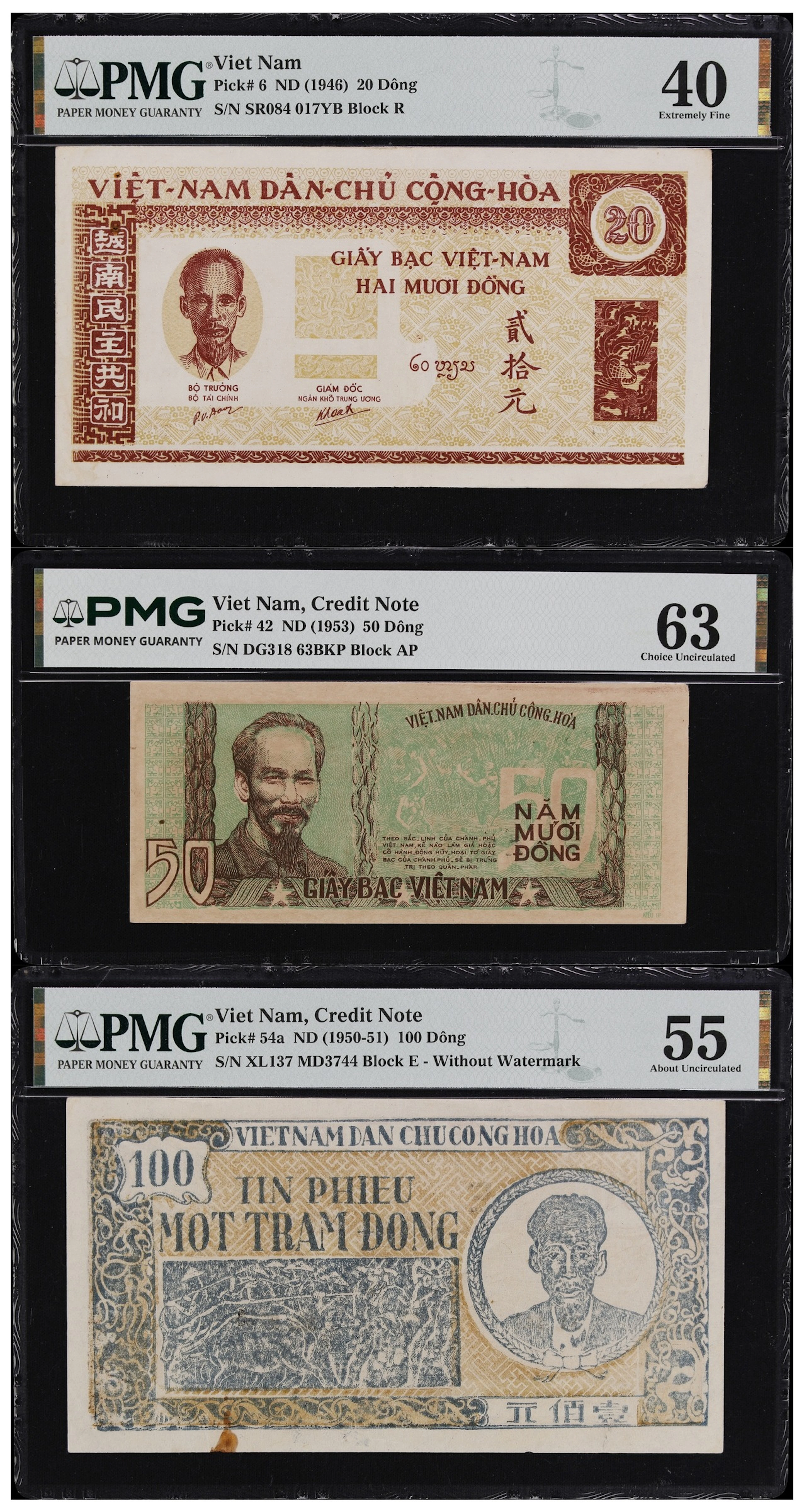 VIETNAM. Lot of (3). Viet-Nam Dan-Chu Cong-Hoa. 20, 50, & 100 Dong