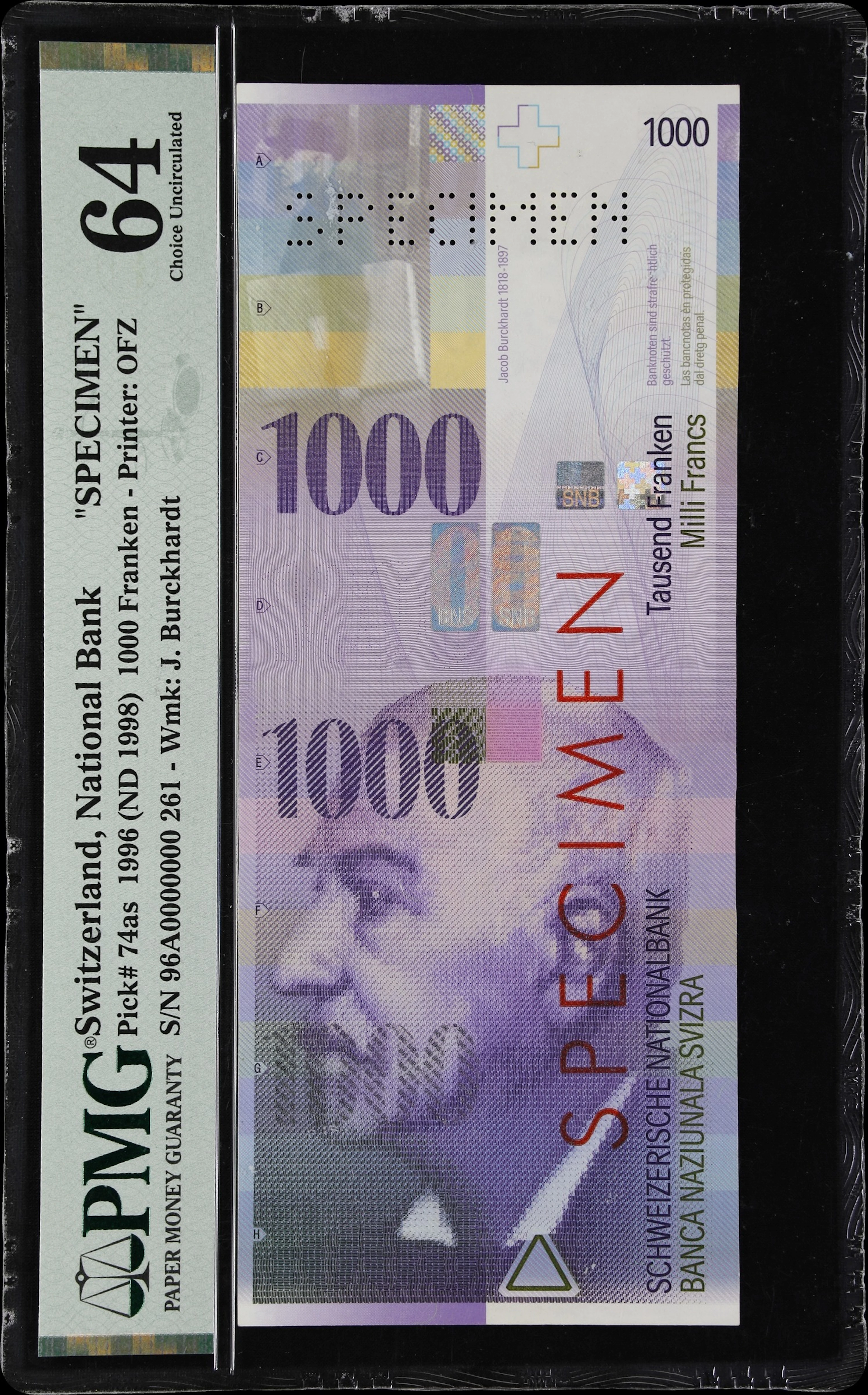 SWITZERLAND. Schweizerische Nationalbank. 1000 Franken, 1996 (ND 1998).