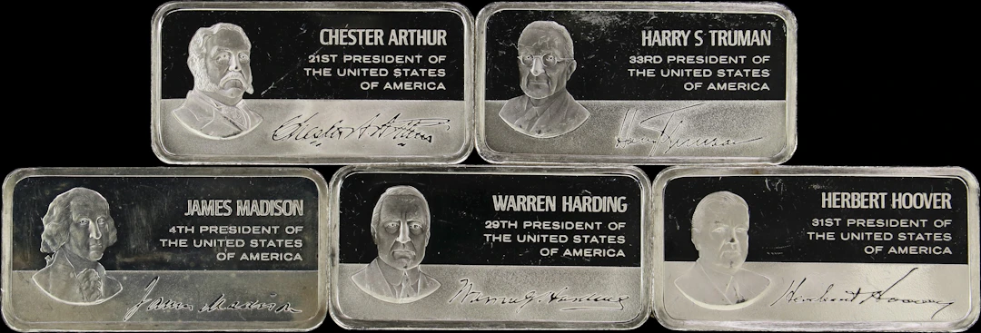 (9.635 oz, 299.7 g ASW). Lot of (5) Franklin Mint 1000 grain Presidential