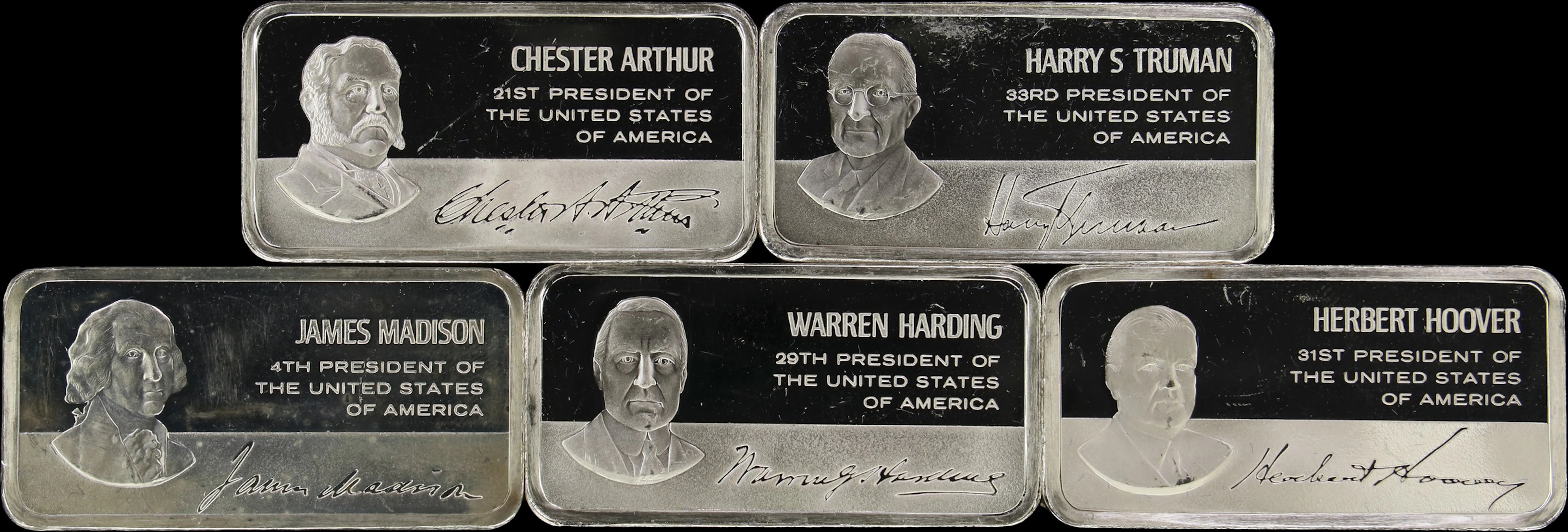 (9.635 oz, 299.7 g ASW). Lot of (5) Franklin Mint 1000 grain Presidential