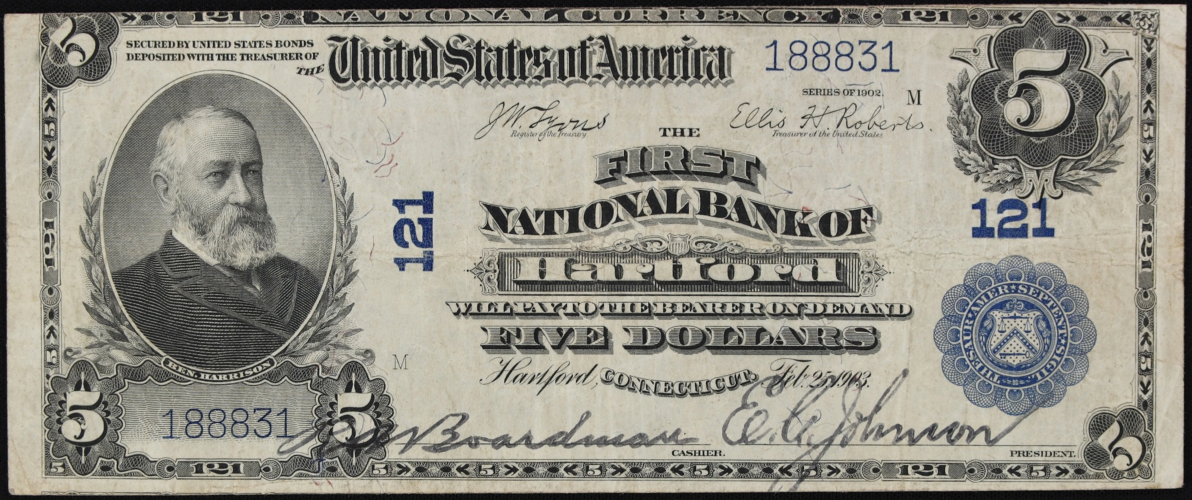 Hartford, Connecticut. $5 1902 Plain Back. Fr. 598. The First NB.