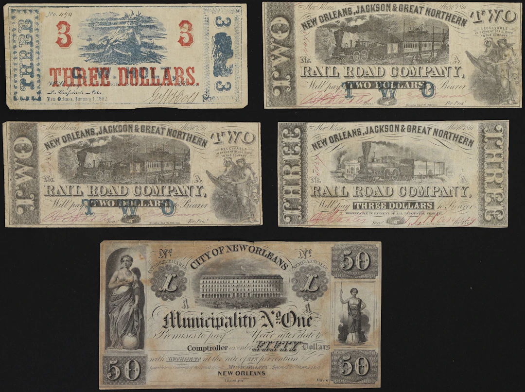 Lot of (5) Louisiana Obsoletes. Mixed Issuers. 1840s - 60s Mixed Denominations.
