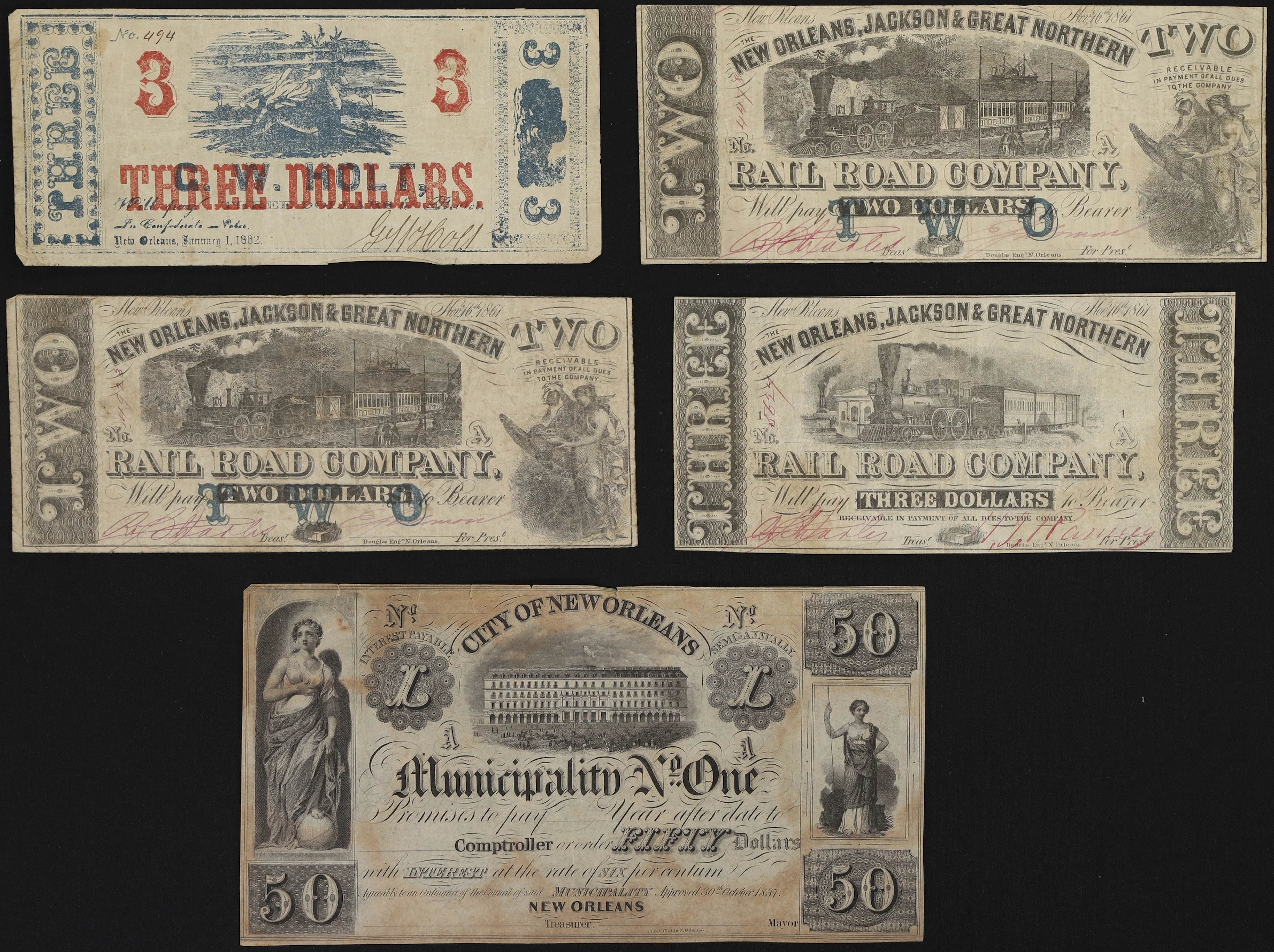 Lot of (5) Louisiana Obsoletes. Mixed Issuers. 1840s - 60s Mixed Denominations.