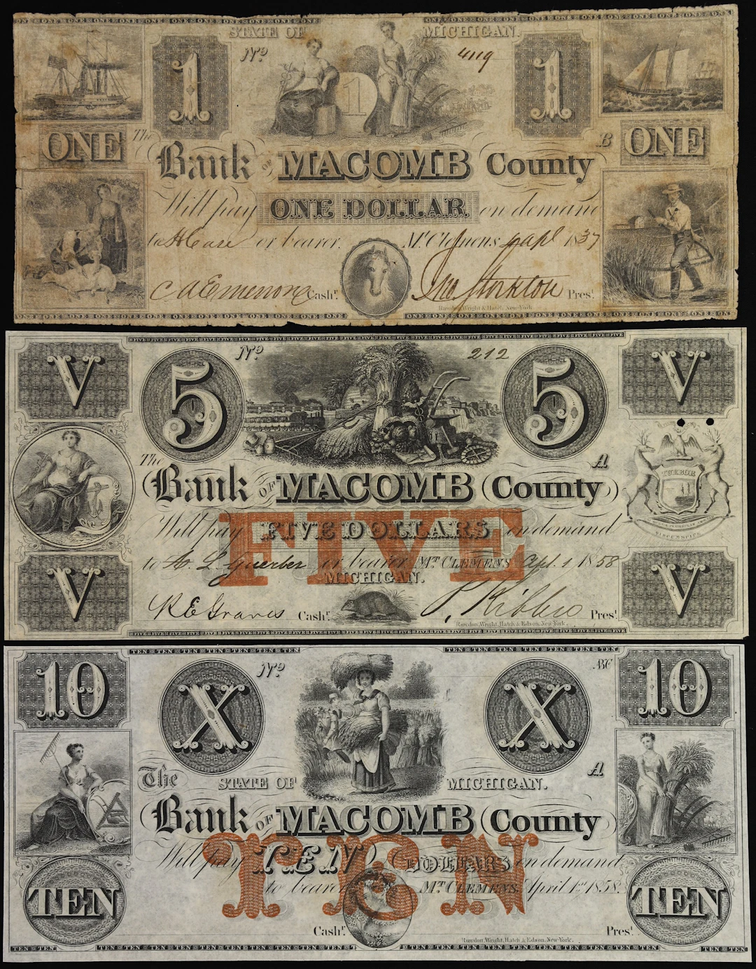Lot of (3) Mount Clemens, Michigan. Bank of Macomb County. 1837-58