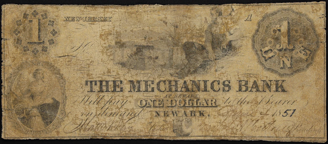 Newark, New Jersey. Mechanics Bank. 1857 $1. Very Good.