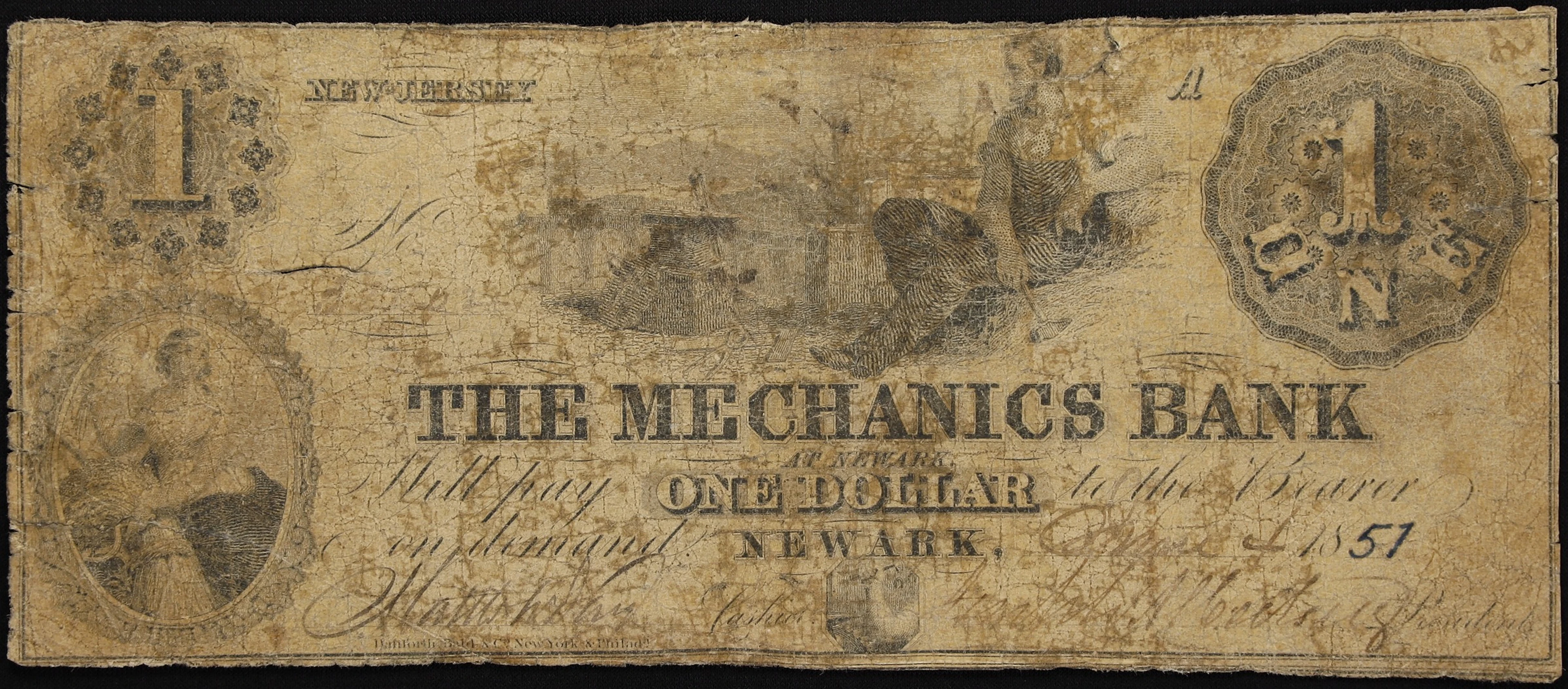 Newark, New Jersey. Mechanics Bank. 1857 $1. Very Good.