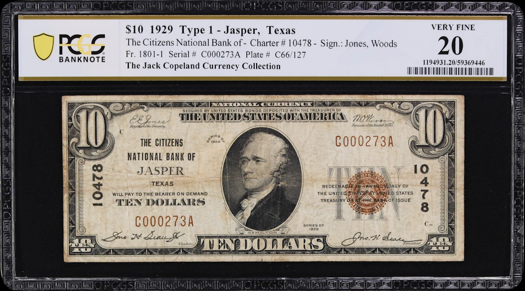 Jasper, Texas. $10 1929 Ty. 1. Fr. 1801-1. Citizens NB. Charter #10478.