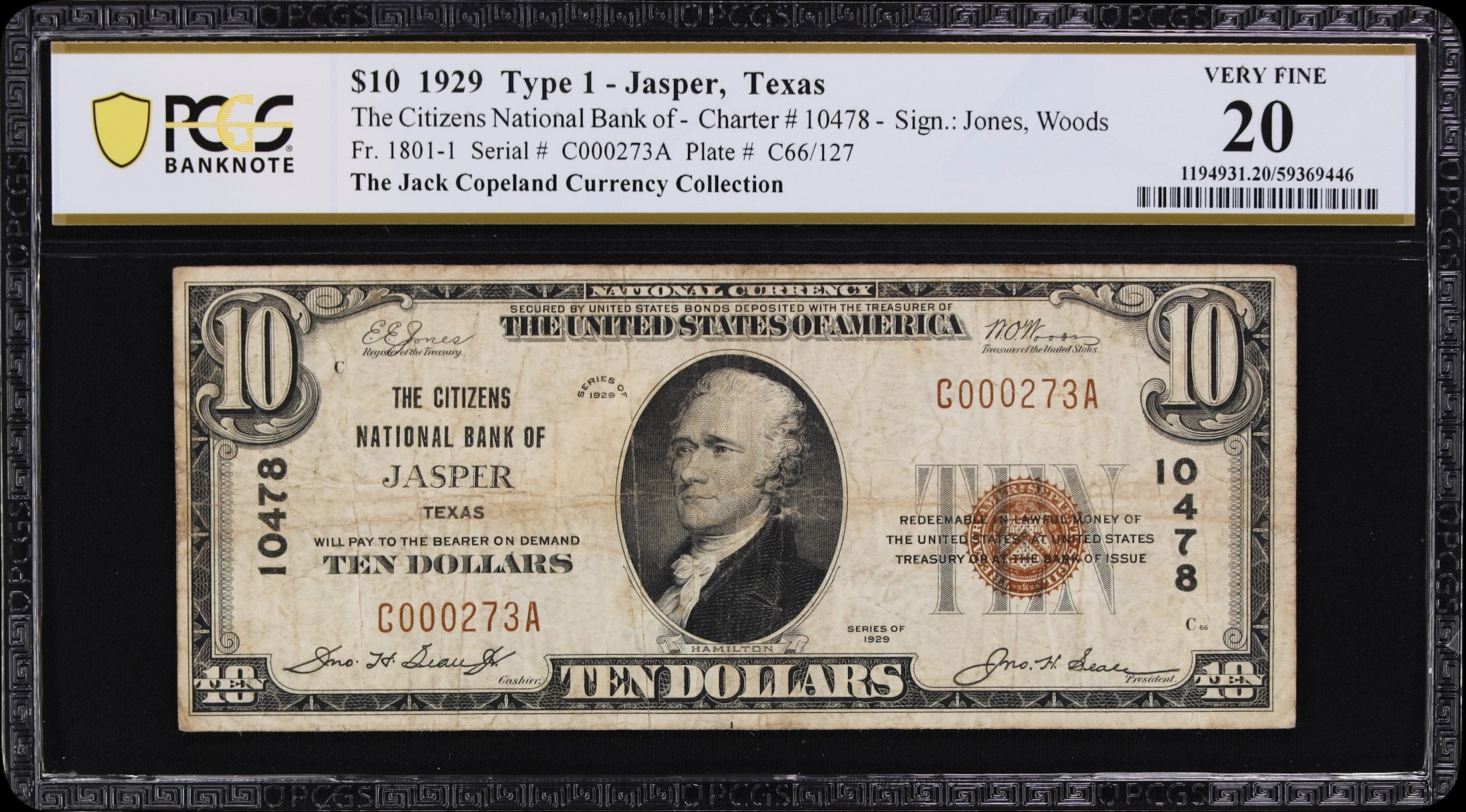 Jasper, Texas. $10 1929 Ty. 1. Fr. 1801-1. Citizens NB. Charter #10478.