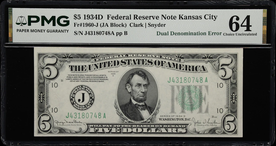 Fr. 1960-J. 1934D $5/$10 Federal Reserve Note. Kansas City. PMG Choice
