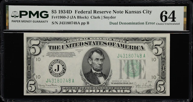 Fr. 1960-J. 1934D $5/$10 Federal Reserve Note. Kansas City. PMG Choice