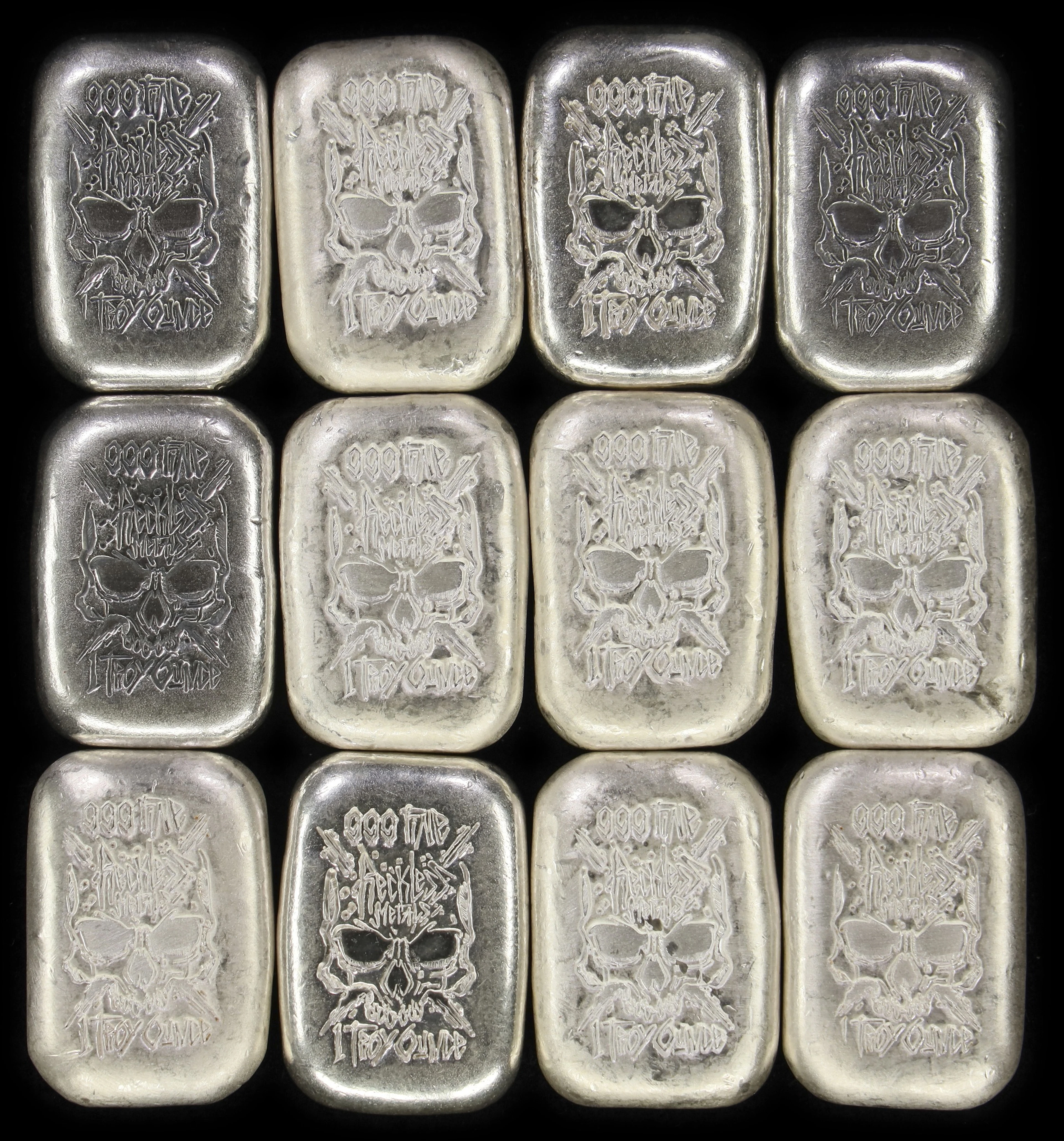 (12 oz, 373.248 g ASW). Lot of (12) Reckless Metals 1 oz Silver Bars.