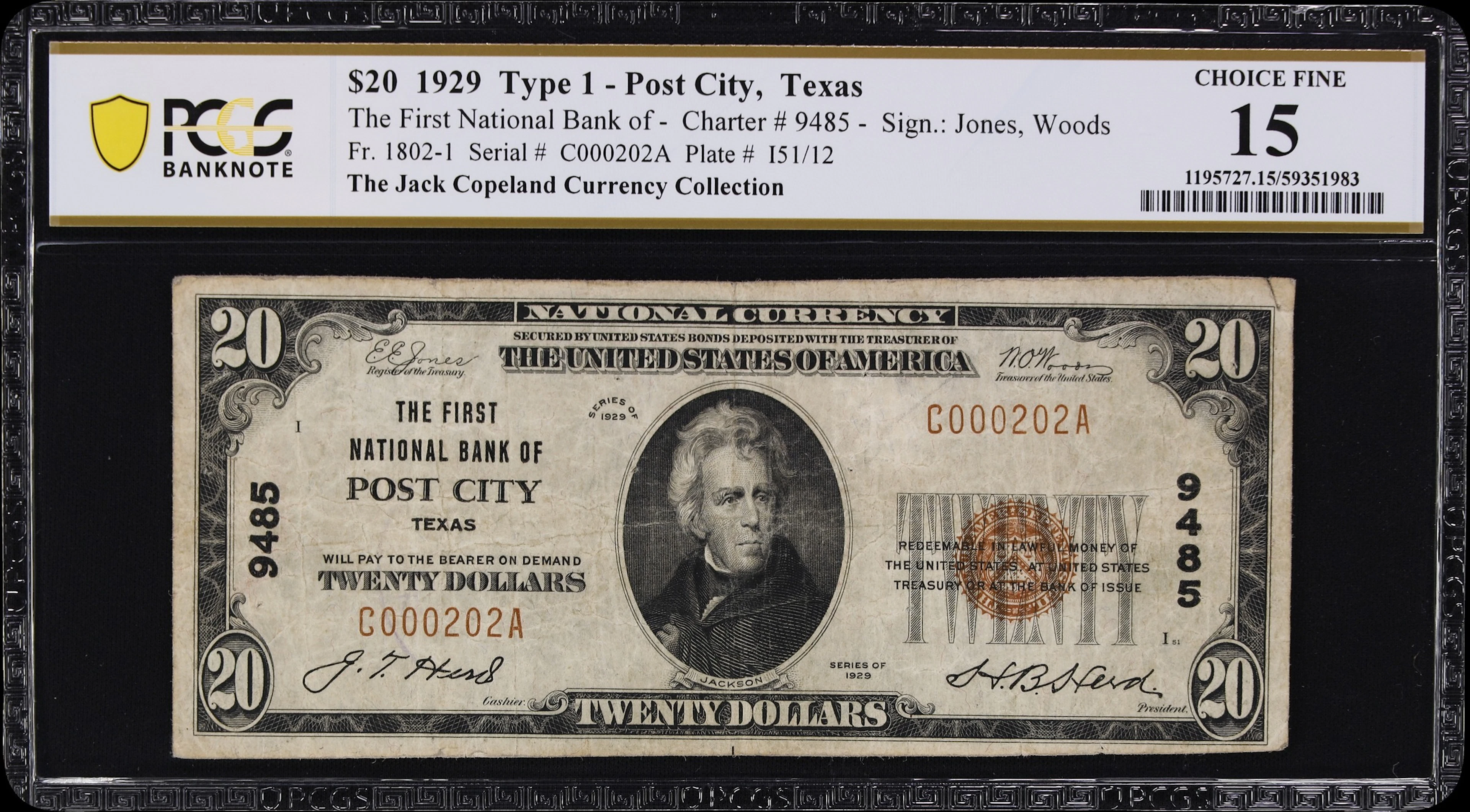 Post City, Texas. $20 1929 Ty. 1. Fr. 1802-1. First NB. Charter #9485.