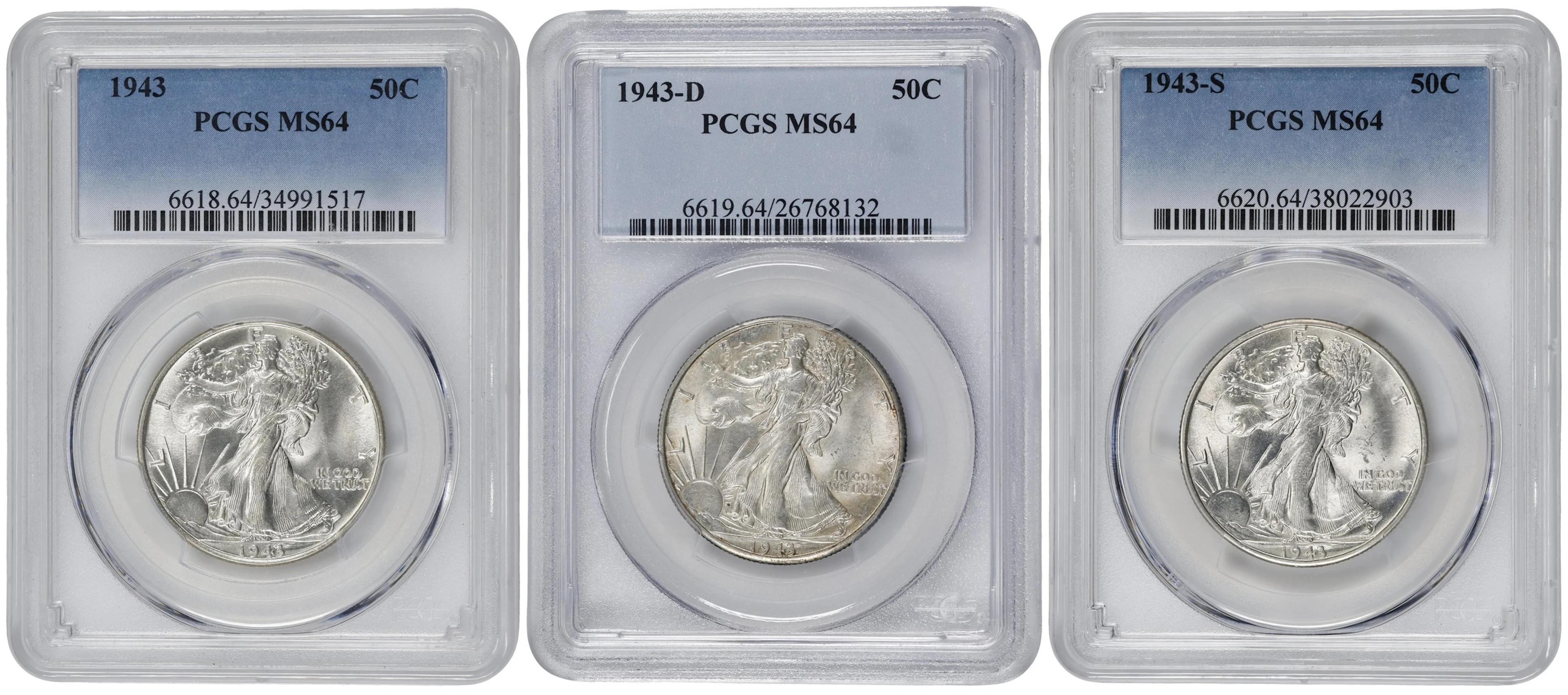 1943 Walking Liberty Half Dollar. PDS Set. MS-64 (PCGS).