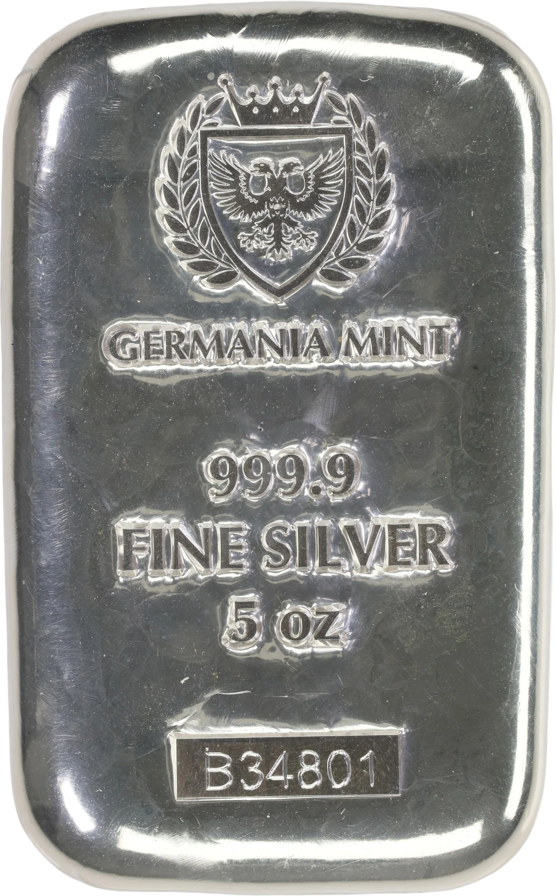 (5 oz, 155.52 g ASW). Germania Mint 5 oz Silver Bar.