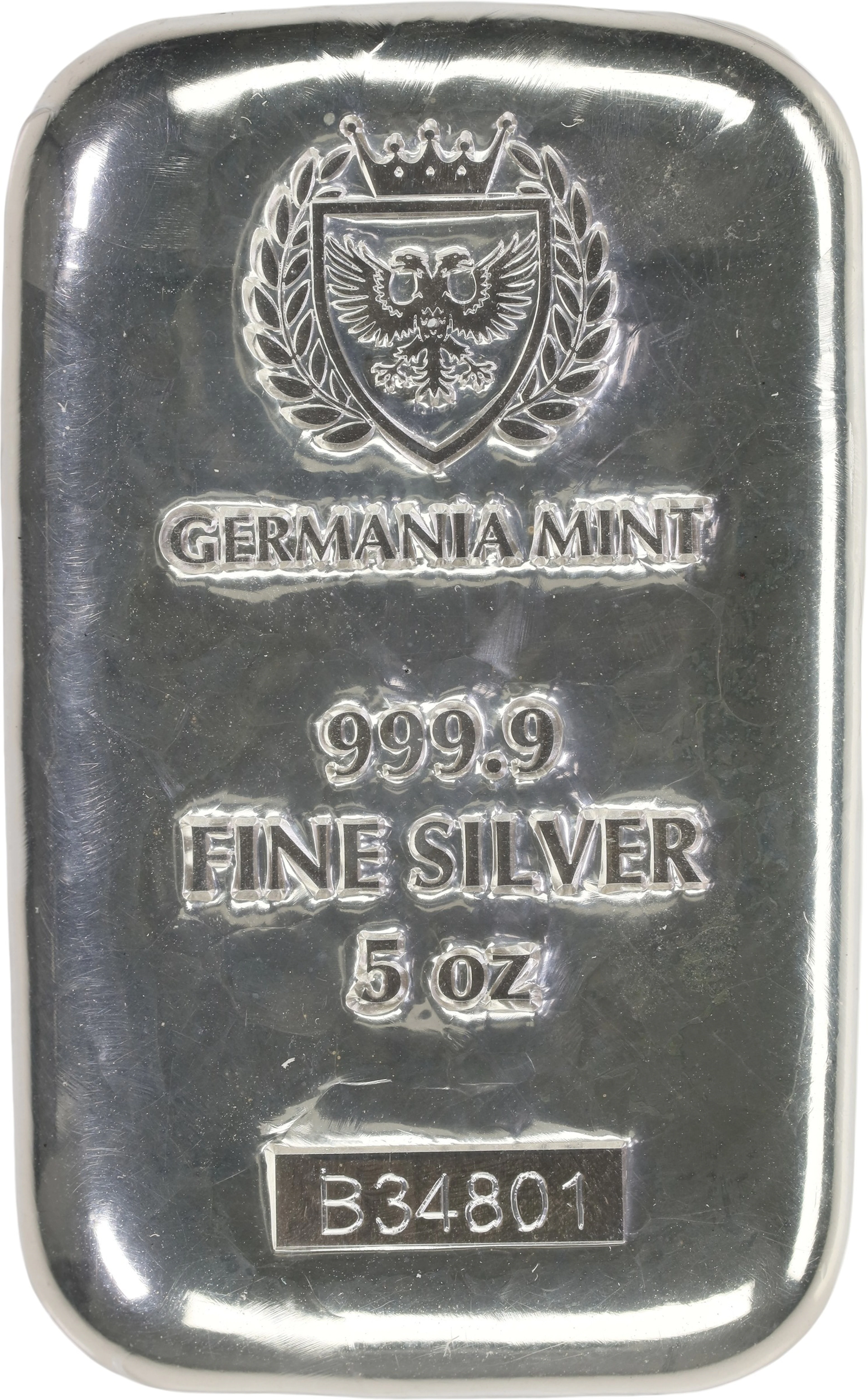 (5 oz, 155.52 g ASW). Germania Mint 5 oz Silver Bar.