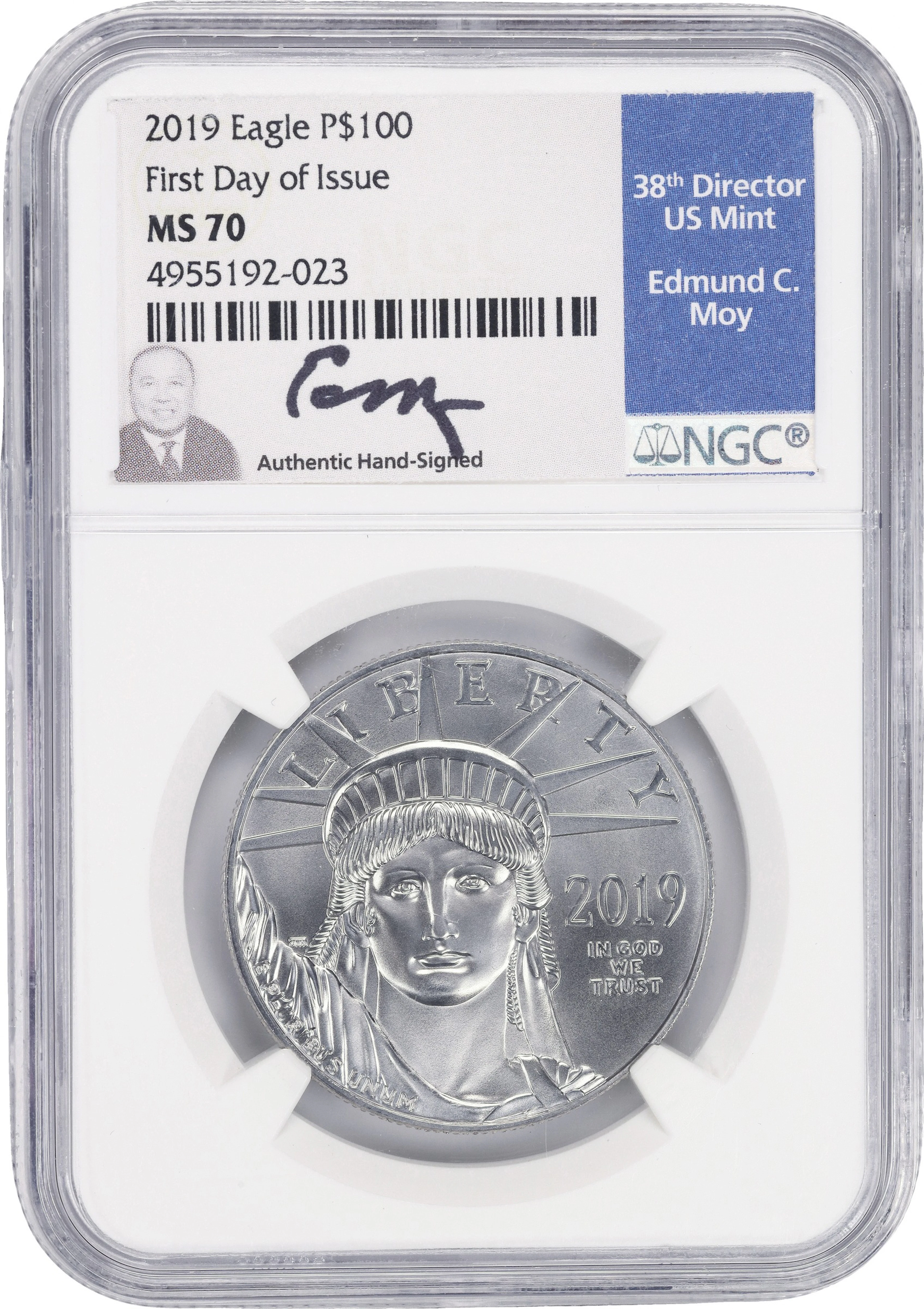 (1 oz, 31.104 g APtW). 2019 American Platinum Eagle $100. MS-70 (NGC).