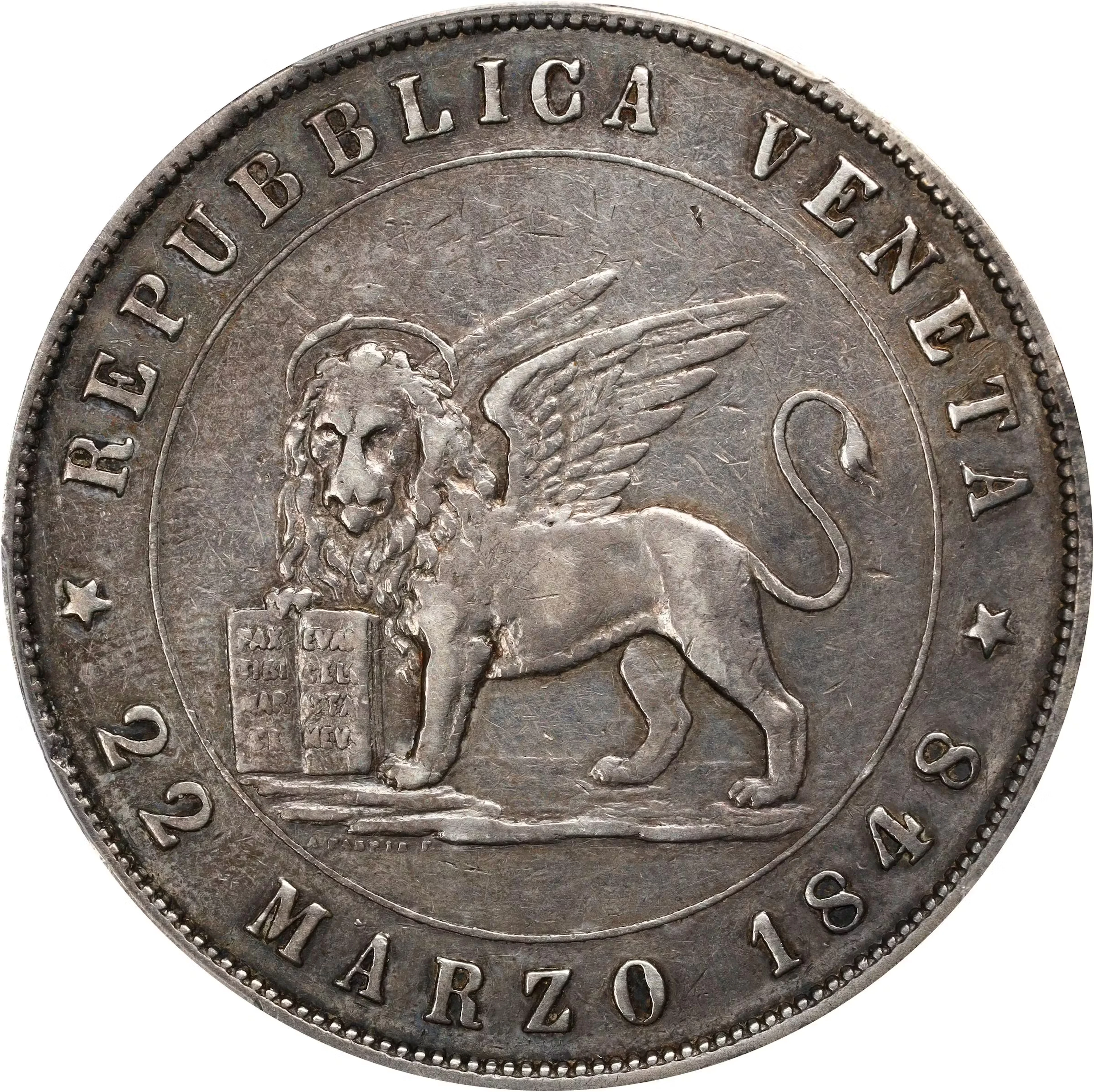 ITALY. Venice. 5 Lire, 1848-V. Venice Mint. Provisional Government.