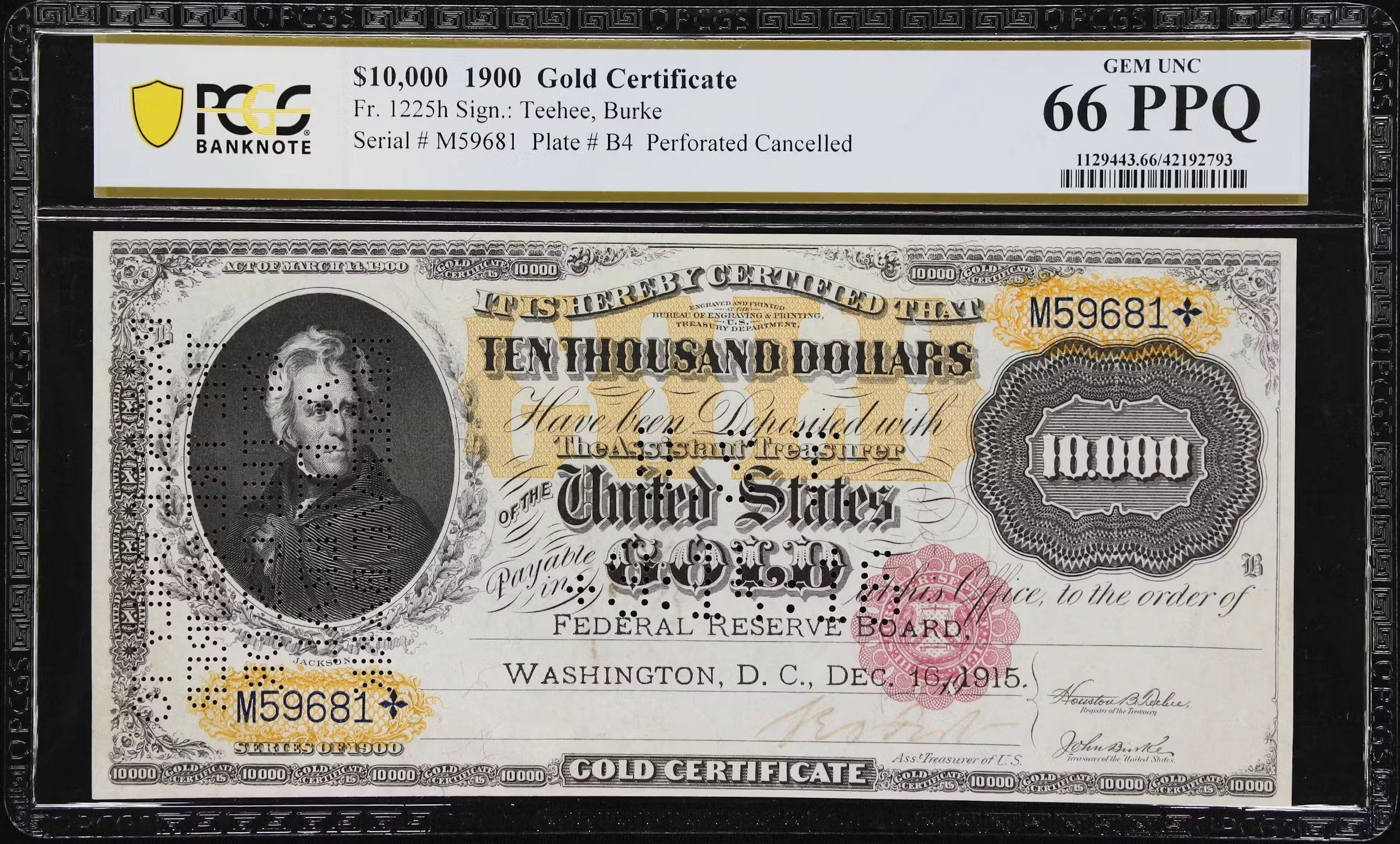 Fr. 1225h. 1900 $10,000 Gold Certificate. PCGS Banknote Gem Uncirculated