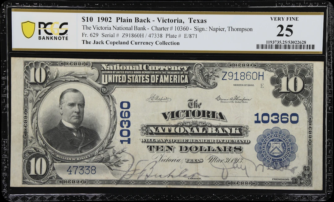 Victoria, Texas. $10 1902 Plain Back. Fr. 629. Victoria NB. Charter