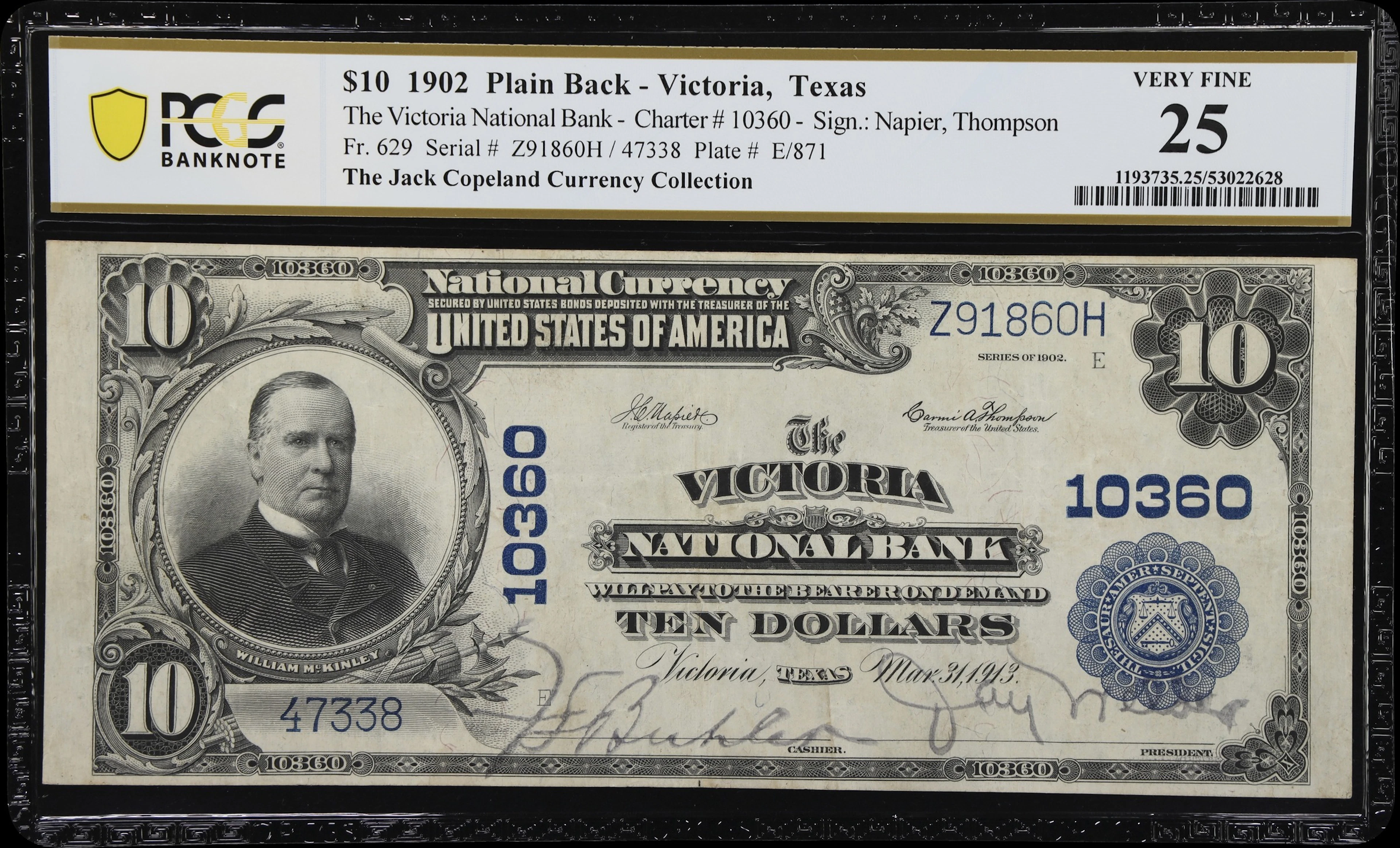 Victoria, Texas. $10 1902 Plain Back. Fr. 629. Victoria NB. Charter