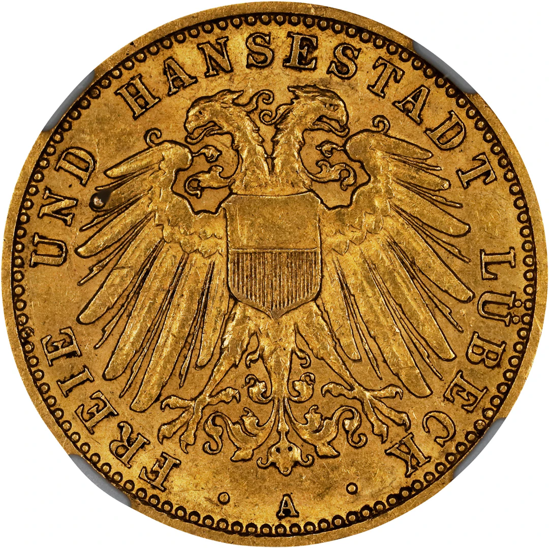 (◊) GERMANY. Lübeck. 10 Mark, 1905-A. Berlin Mint. NGC AU-58.