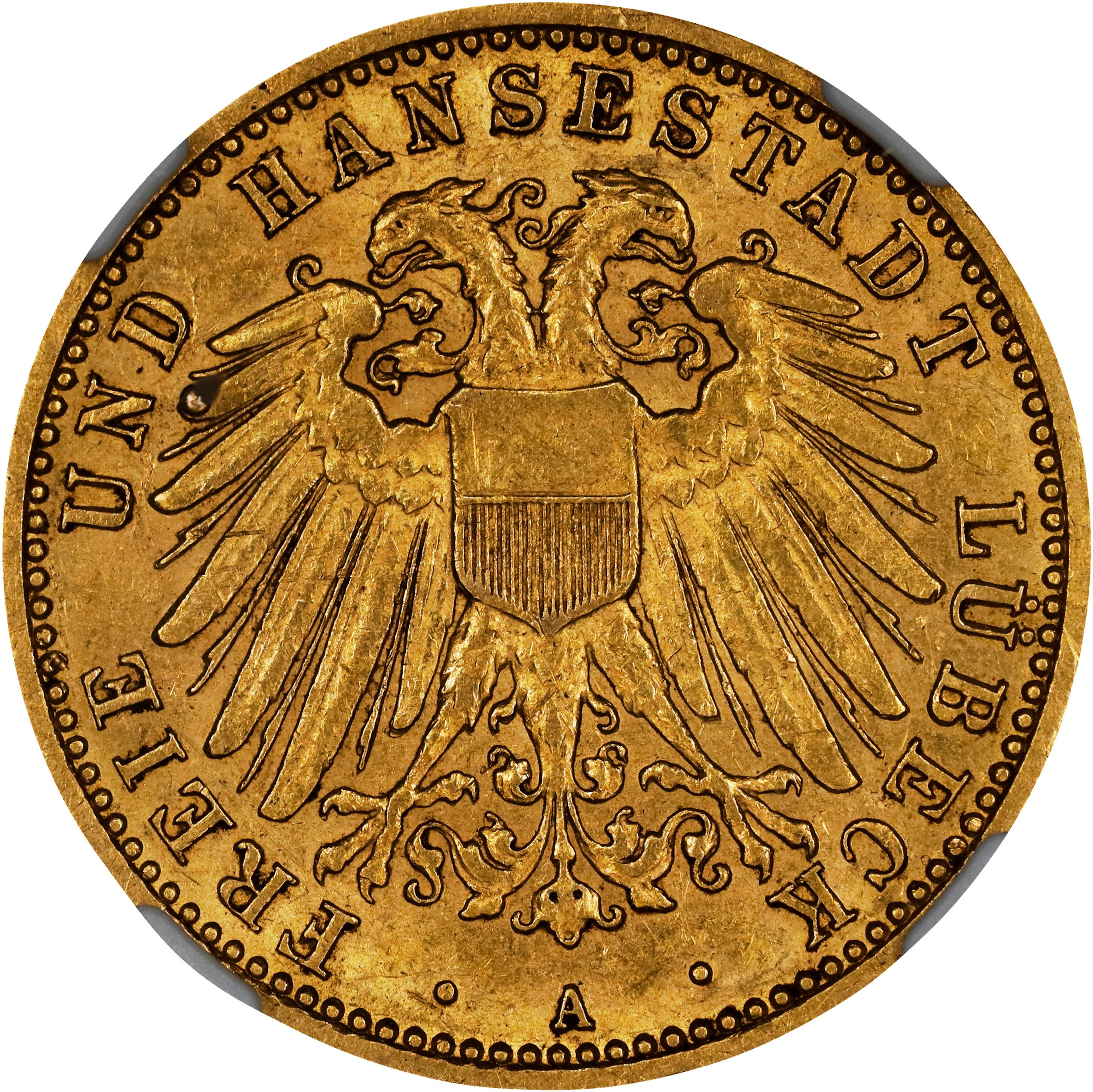 (◊) GERMANY. Lübeck. 10 Mark, 1905-A. Berlin Mint. NGC AU-58.