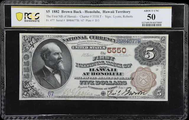 Honolulu, Territory of Hawaii. $5 1882 Brown Back. Fr. 477. First