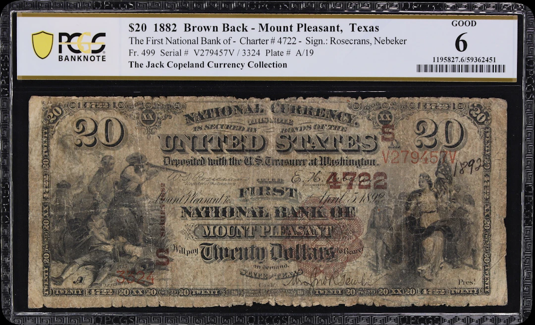 Mount Pleasant, Texas. $20 1882 Brown Back. Fr. 499. First NB. Charter