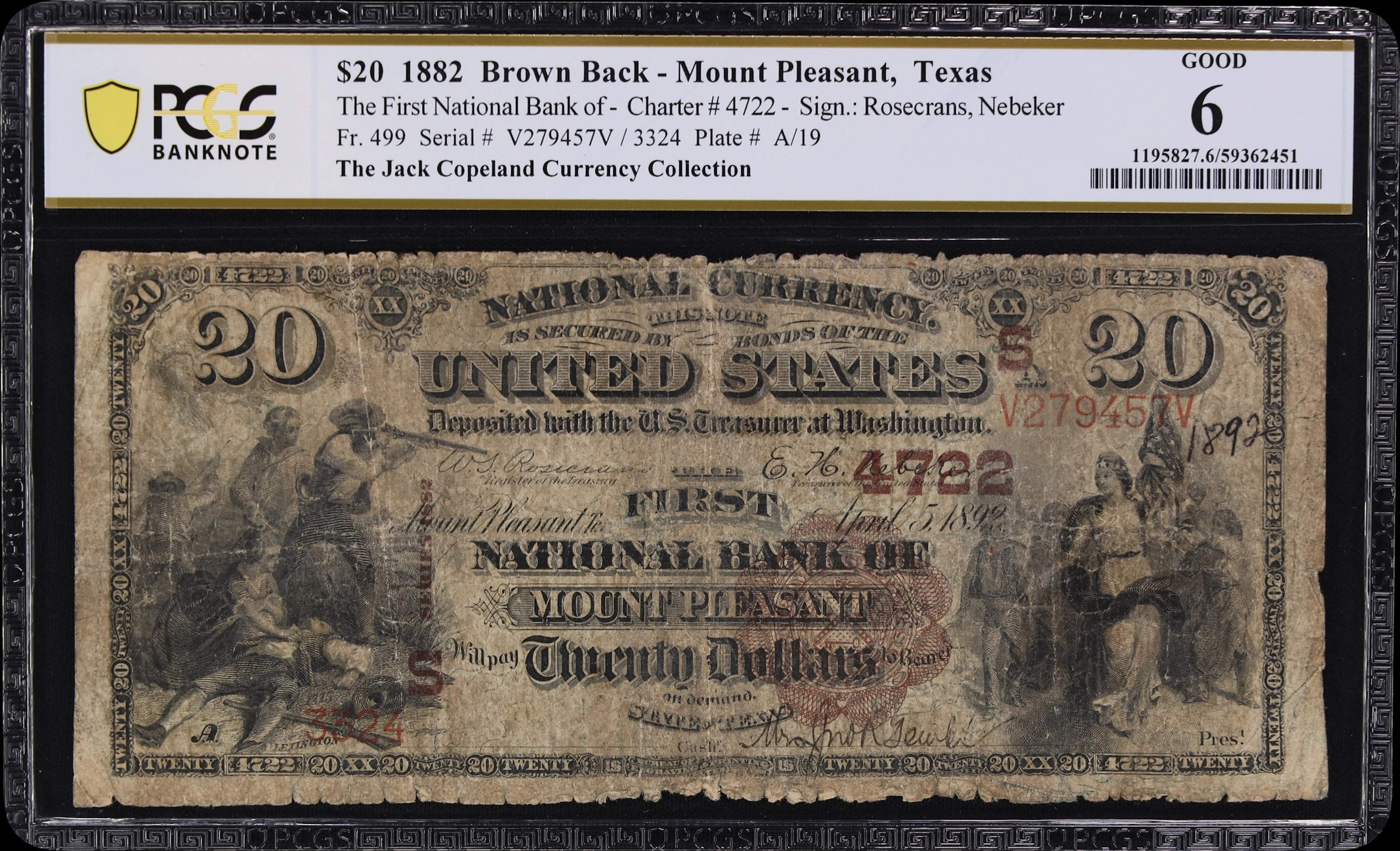 Mount Pleasant, Texas. $20 1882 Brown Back. Fr. 499. First NB. Charter