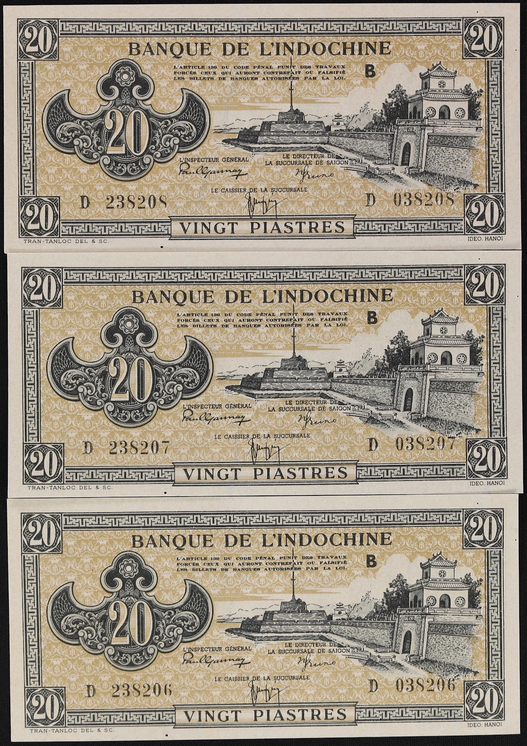 FRENCH INDO-CHINA. Lot of (3). Banque de l'Indochine. 20 Piastres