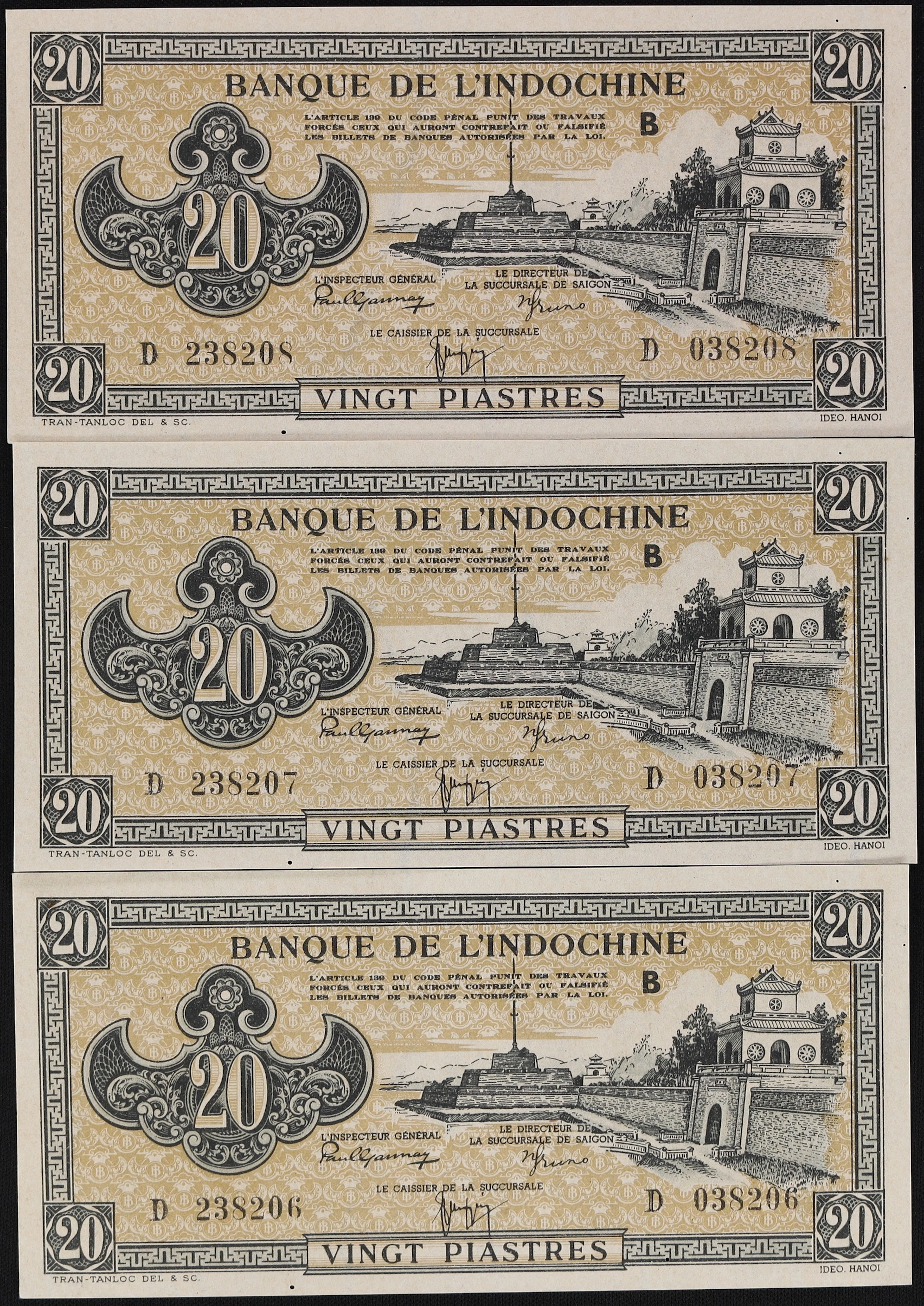 FRENCH INDO-CHINA. Lot of (3). Banque de l'Indochine. 20 Piastres