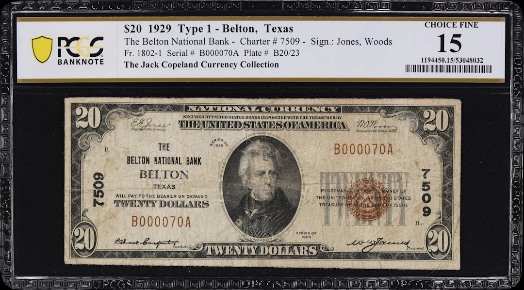 Belton, Texas. $20 1929 Ty. 1. Fr. 1802-1. Belton NB. Charter #7509.